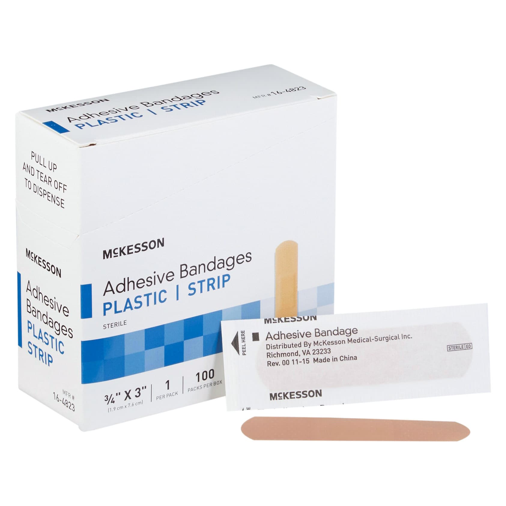 McKesson Plastic Rectangle Adhesive Bandage, Tan, 3/4 x 3 Inch - Box of 100 - Image 1
