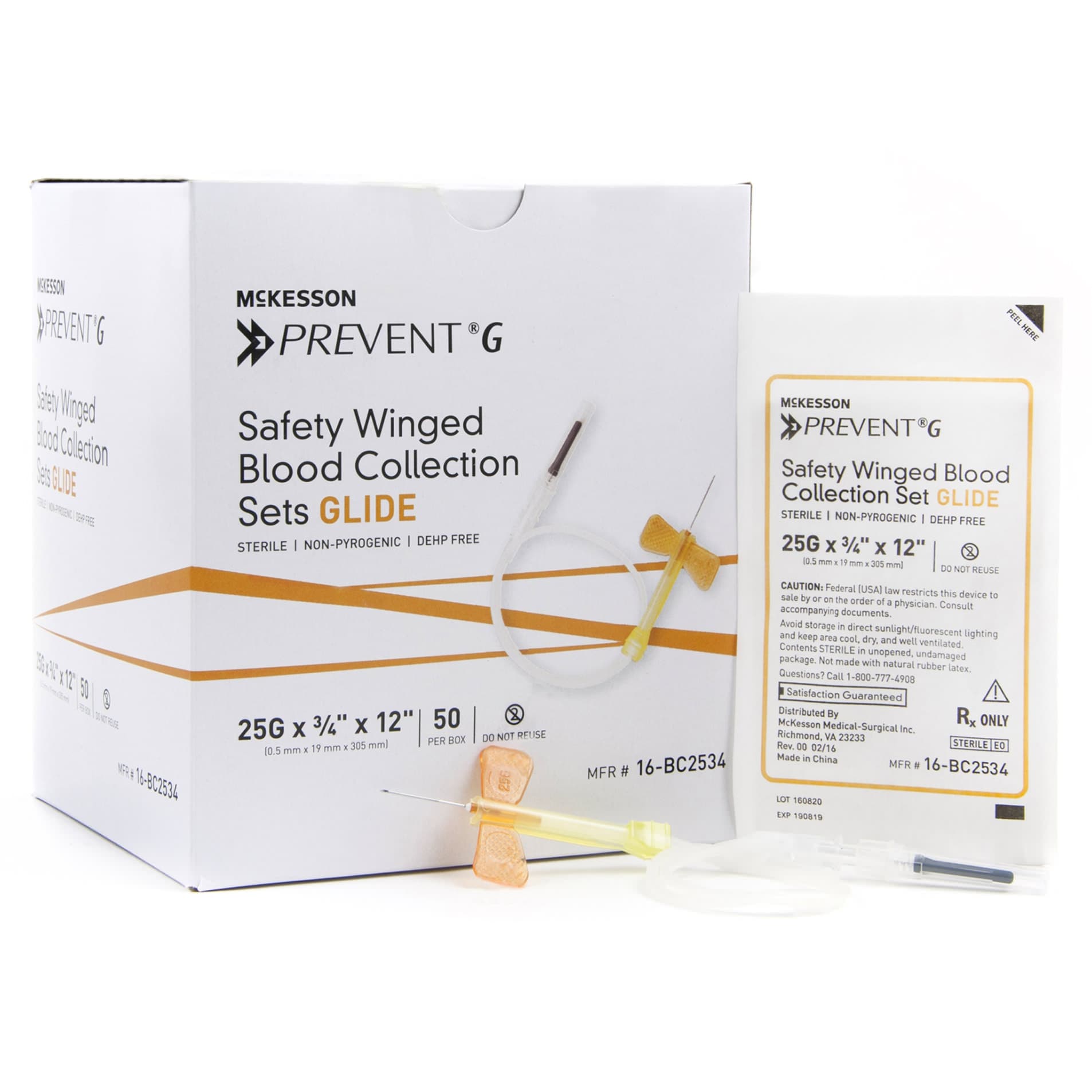McKesson Prevent G Blood Collection Set, Winged, Orange, 25 Gauge, 12 Inch Tubing - Box of 50 - Image 1