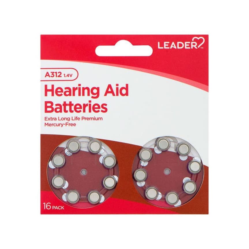 Leader Hearing Aid Batteries, Size 312, Mercury-Free, 16 Count - Package of 16