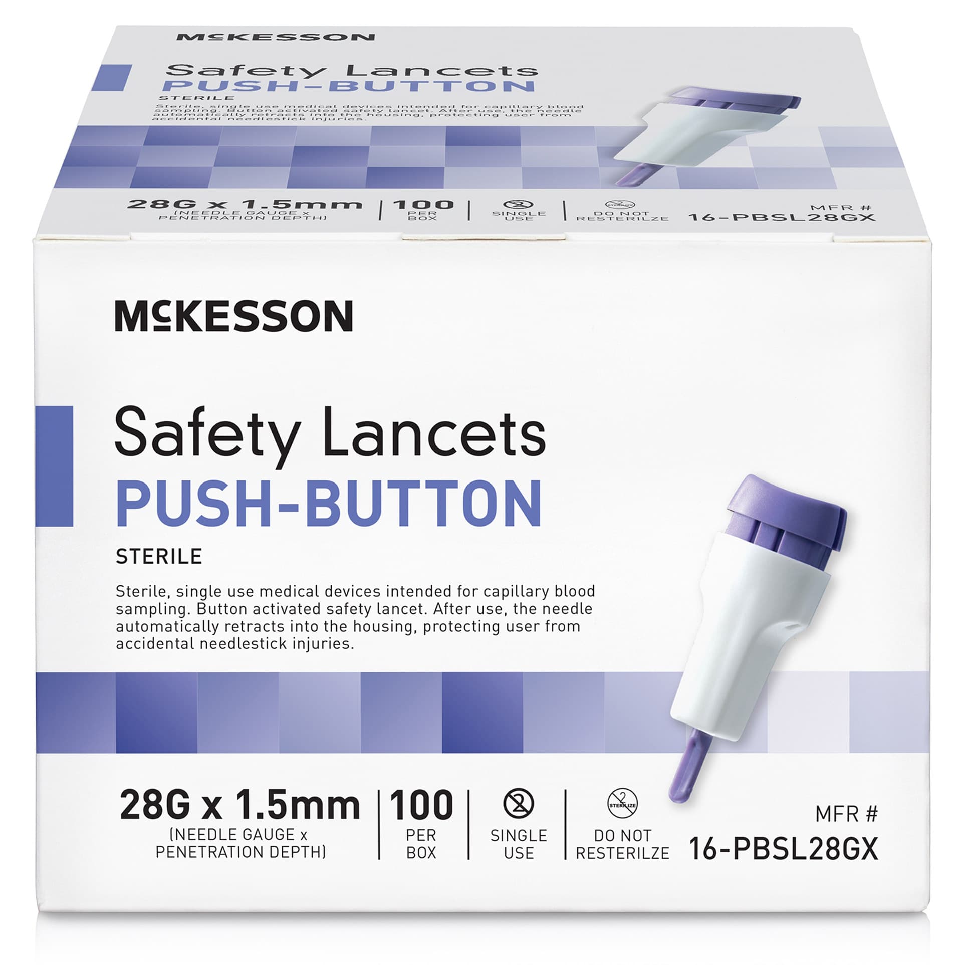 McKesson Brand Safety Lancet with Push Button Activation, Purple, 28 Gauge - Case of 2000 - Image 1
