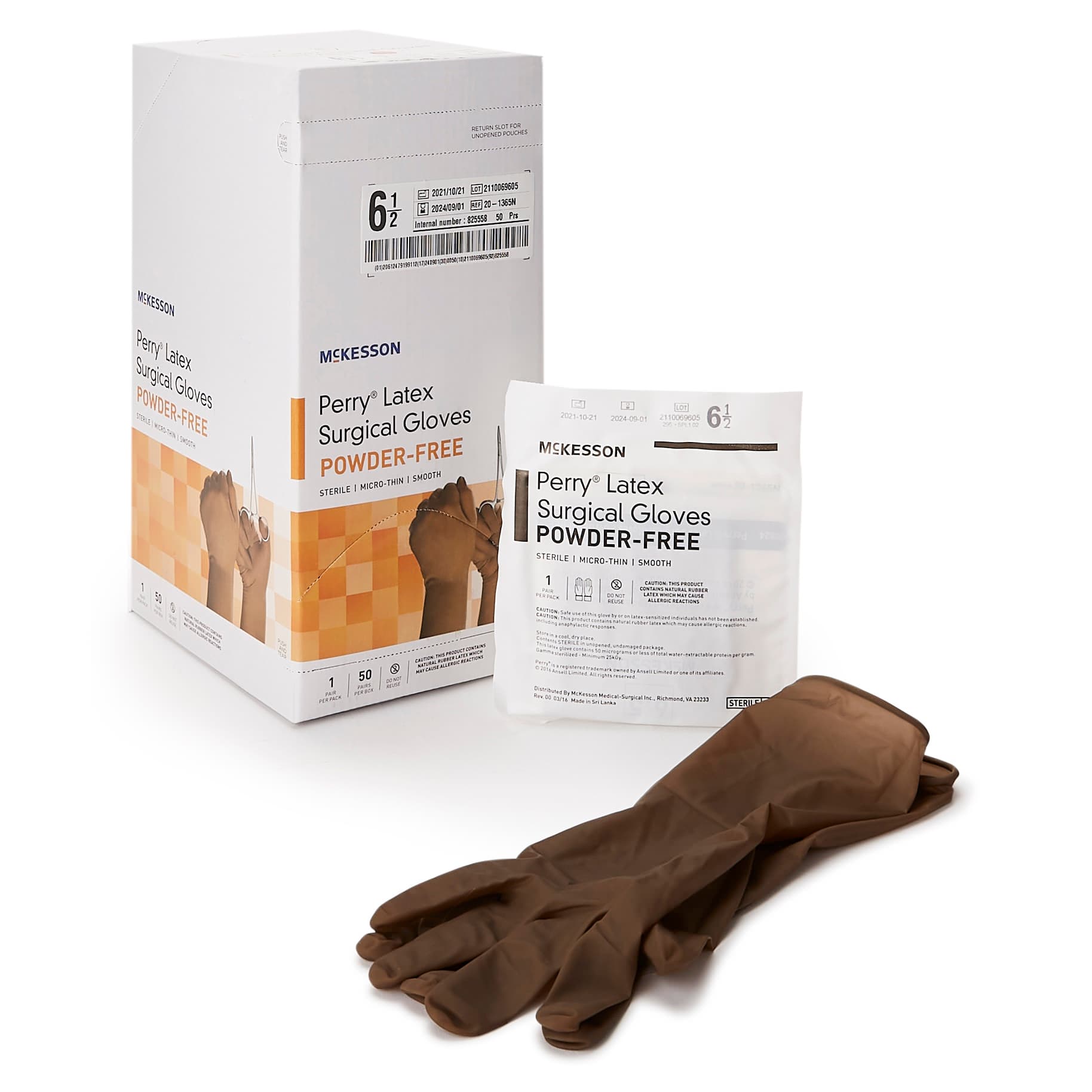 McKesson Perry Latex Powder Free Surgical Glove, Size 6.5, Brown - Box of 100 - Image 1
