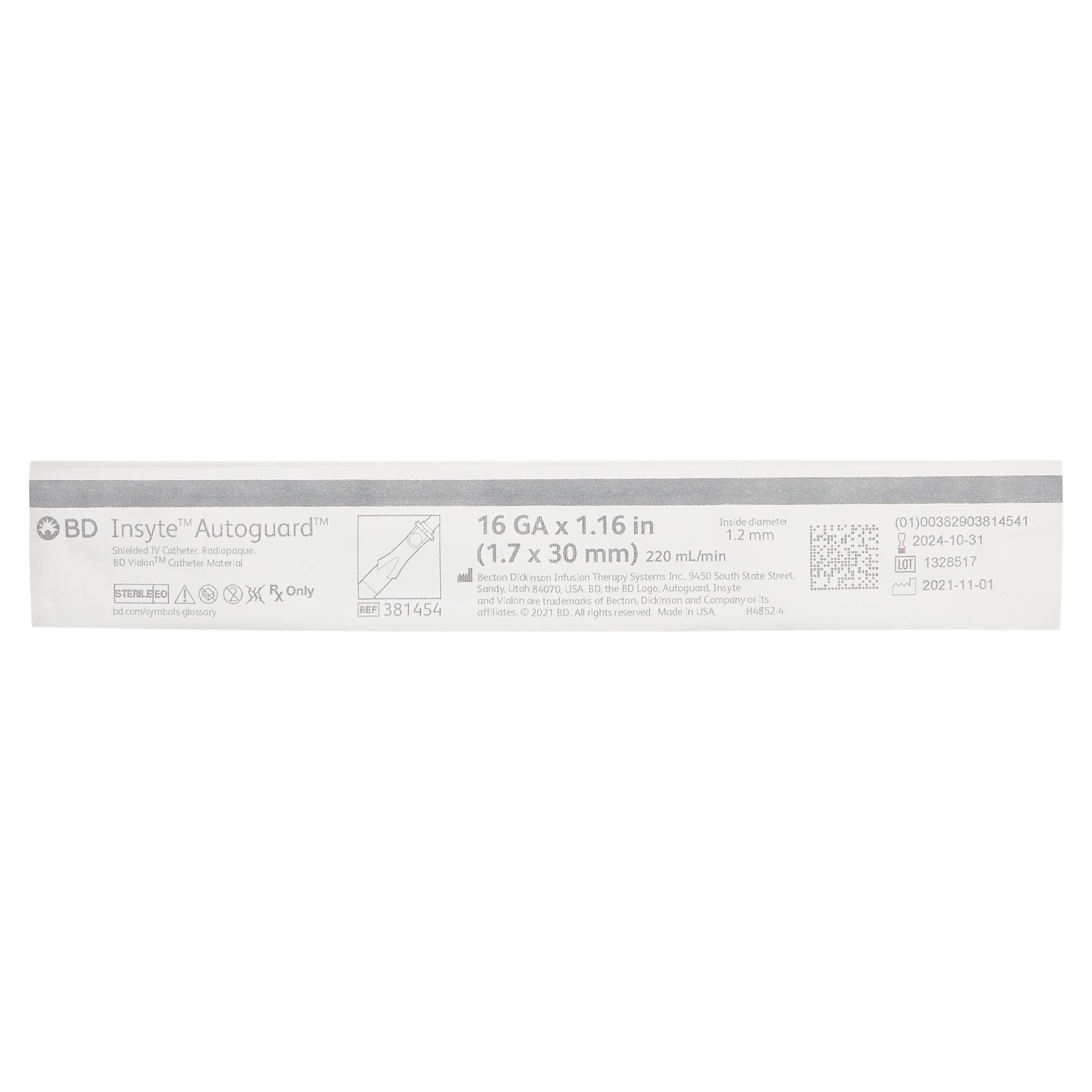 BD Insyte Autoguard Vialon Shielded Peripheral IV Catheter, 16 Gauge, 1.16 Inch - Each - Image 1