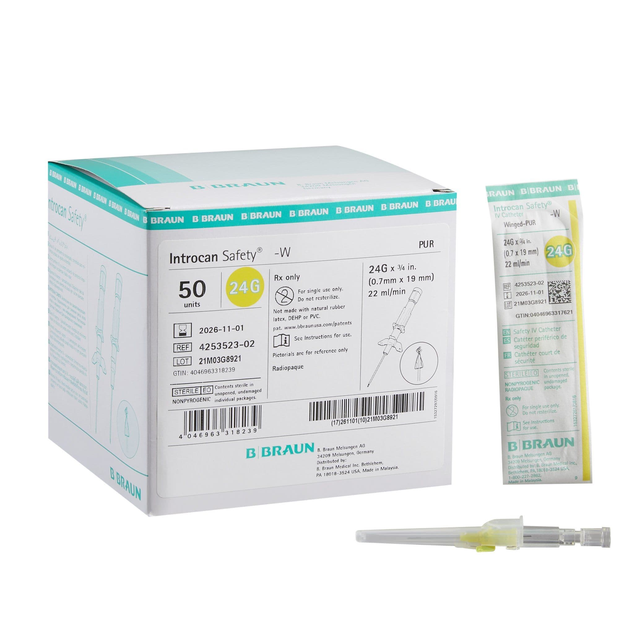 B. Braun Introcan Safety Peripheral IV Catheter, Polyurethane, 24 Gauge, 0.75 Inch - Case of 200 - Image 1