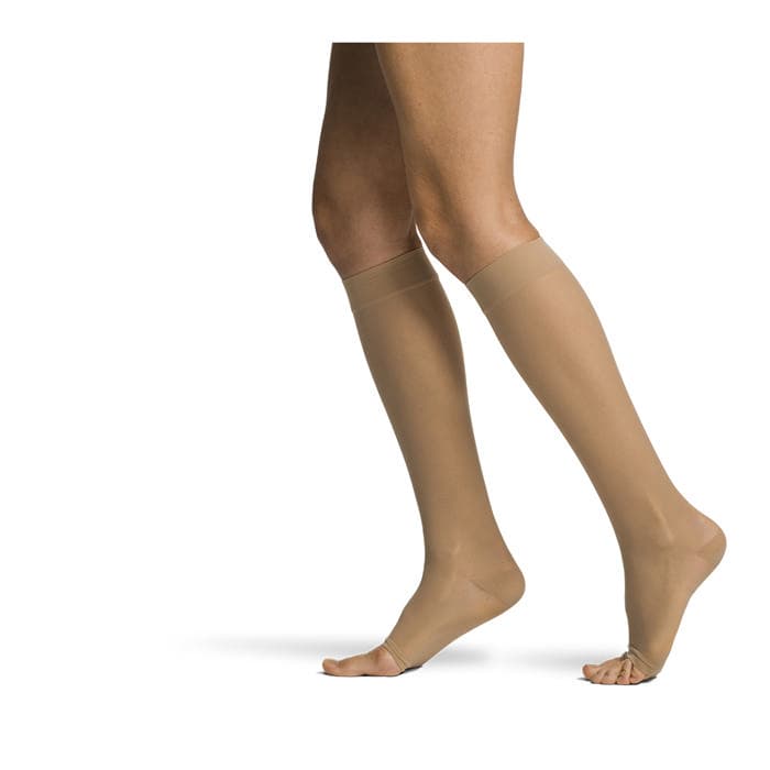 Sigvaris Women's Style Sheer Calf High Compression Socks Open Toe, 20-30mmHg, Medium-Long, Suntan - Pair - Image 1