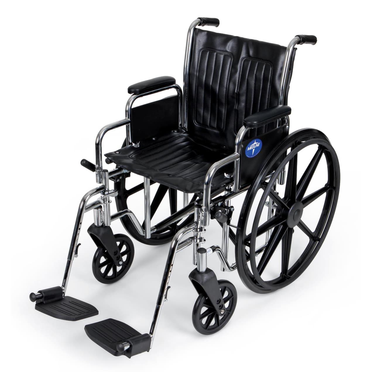 Medline Excel 2000 Standard Wheelchair 18"W x 16"D Seat with Desk Length Arm and Swing Away Footrests, Black Upholstery - Image 1