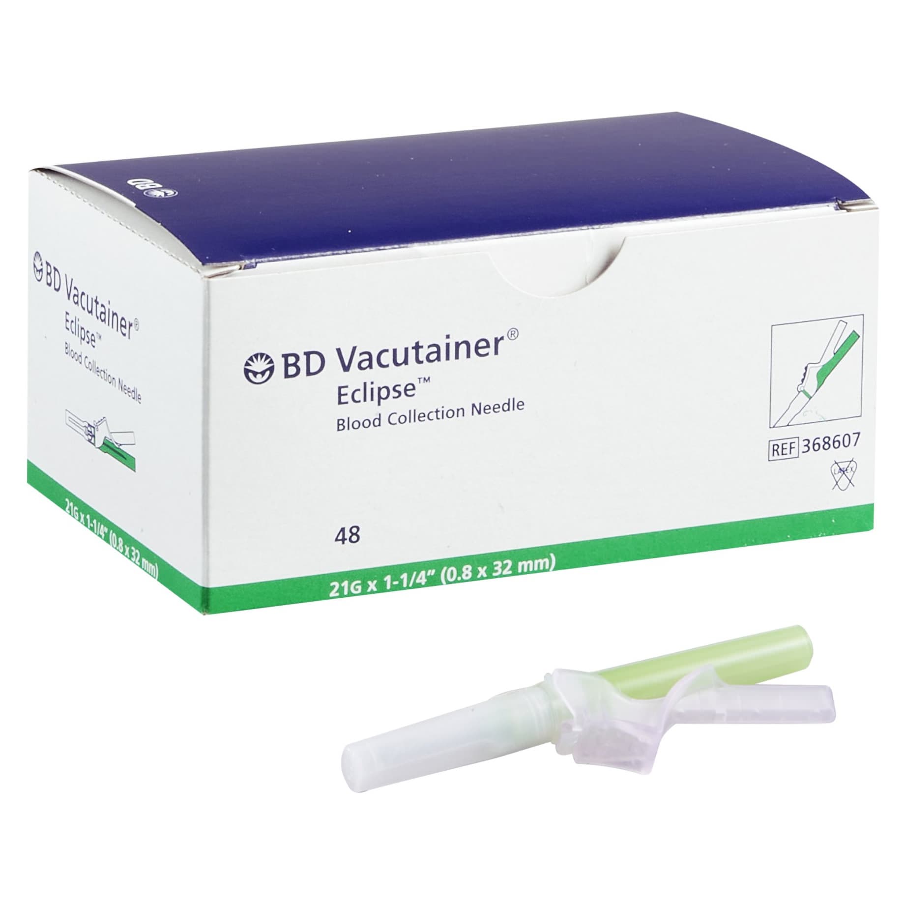 BD Vacutainer Eclipse Blood Collection Needle, 21 Gauge, Green - Box of 48 - Image 1