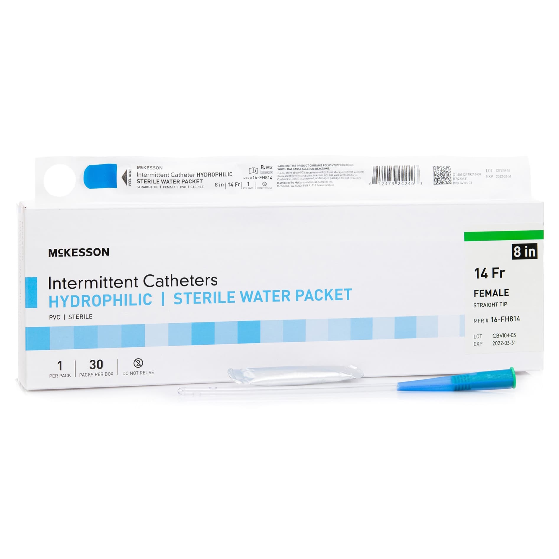 McKesson Intermittent Catheter with Hydrophilic Coating For Women, Straight Tip, 14 Fr, 8 Inch - Case of 300 - Image 1