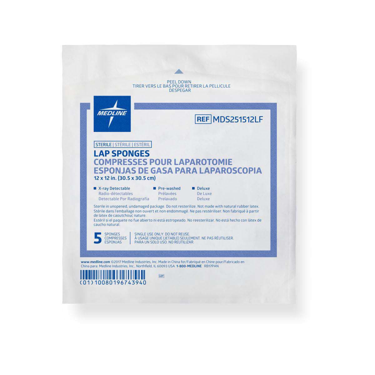 Medline X-Ray Detectable Sterile Lap Sponge, 12" x 12" - Package of 5 - Image 1