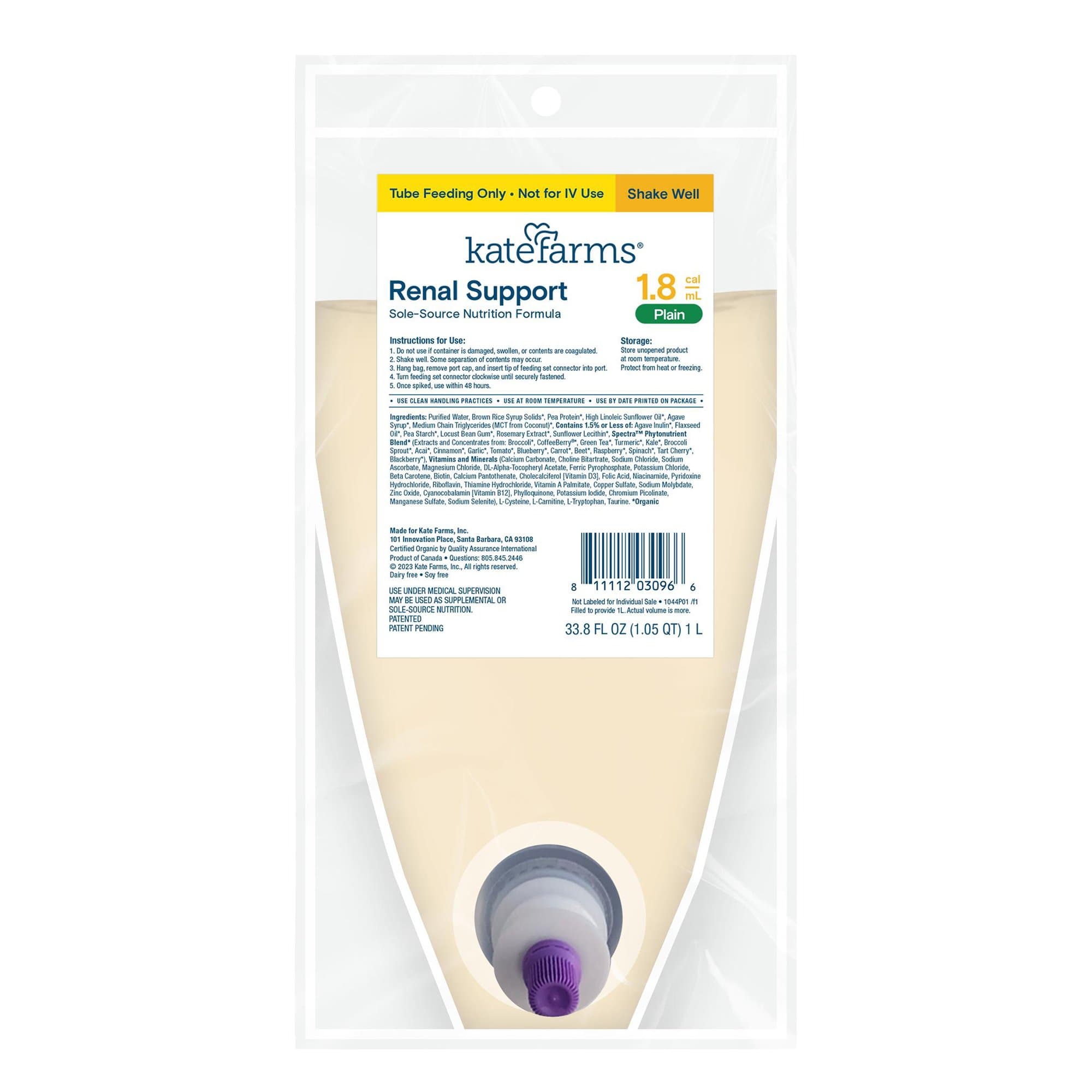 Kate Farms Renal Support 1.8 RTH Tube Feeding Formula, Plain, 1000 mL - Each - Image 1