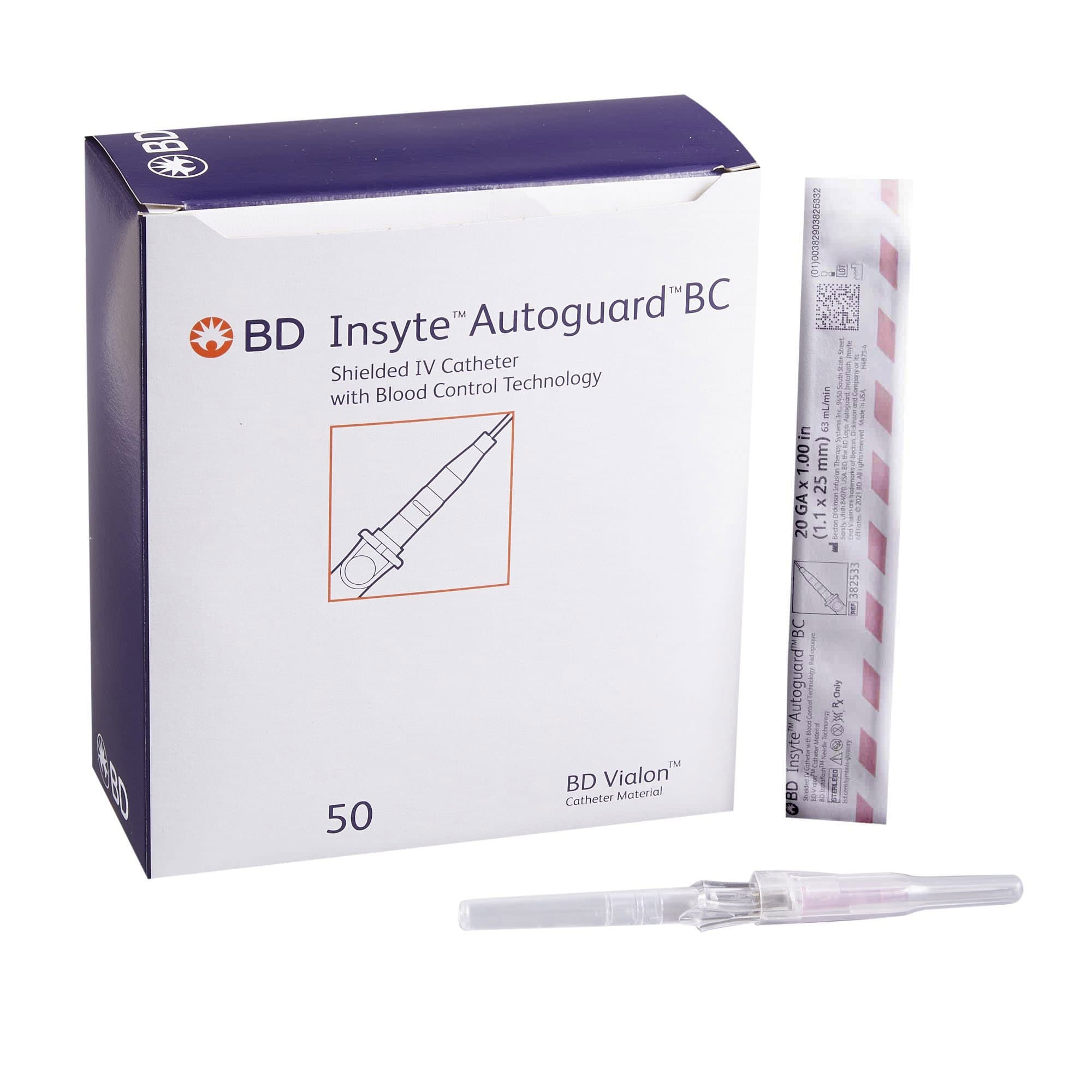 BD Insyte Autoguard Peripheral IV Catheter, Pink, 20 Gauge, 1 Inch - Box of 50 - Image 1