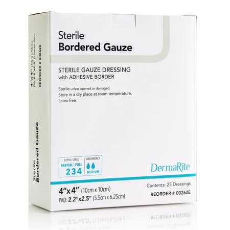 DermaRite Sterile Bordered Gauze Dressing with Adhesive Border, 4 x 4 Inch - Box of 25 - Image 1
