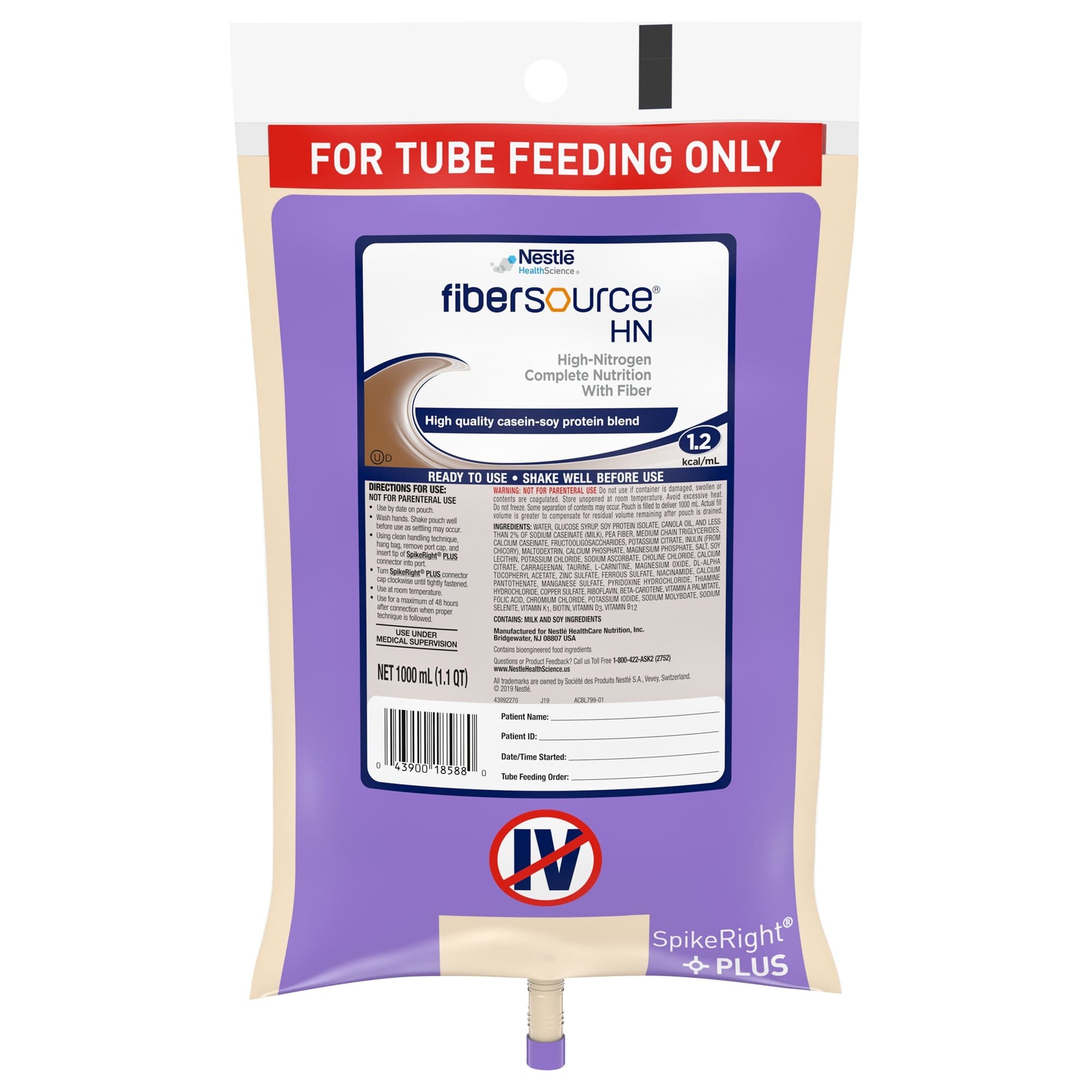 Fibersource HN 1.2 Kcal Nutritionally Complete Ready to Hang Liquid Formula with Fiber, 33.8 oz - Each - Image 1