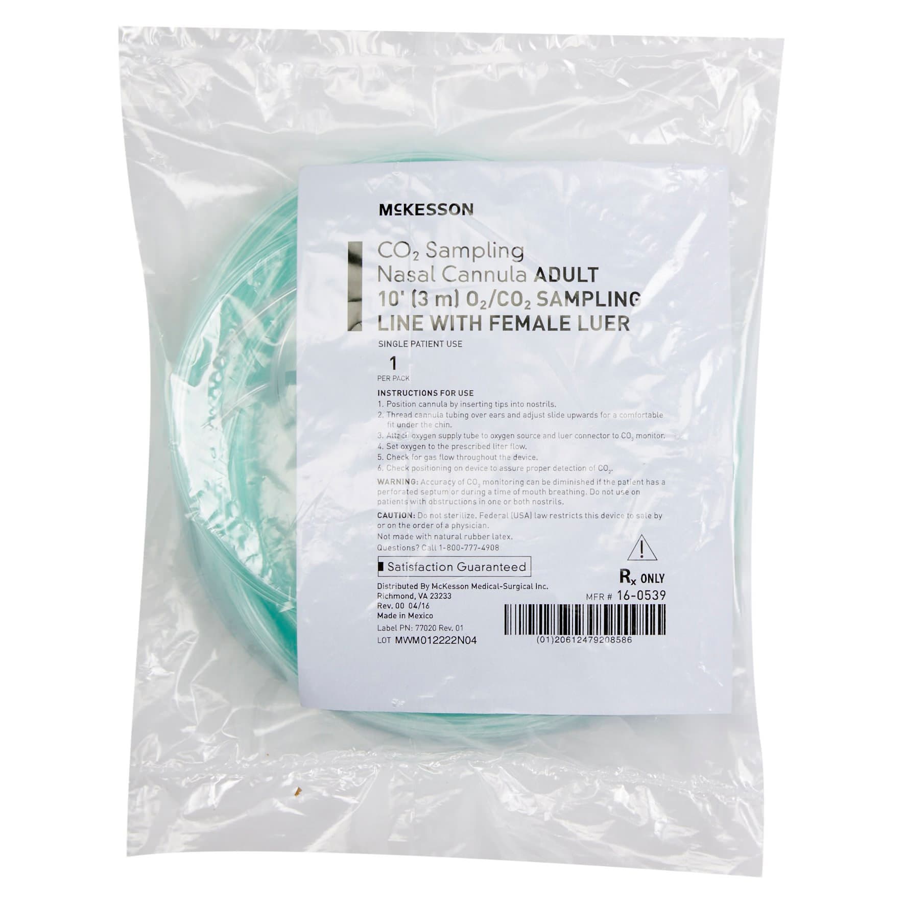 McKesson ETCO2 Nasal Sampling Cannula with O2 Delivery, Green, Female Luer Connector, 10 Foot O2 Line - Case of 25 - Image 1