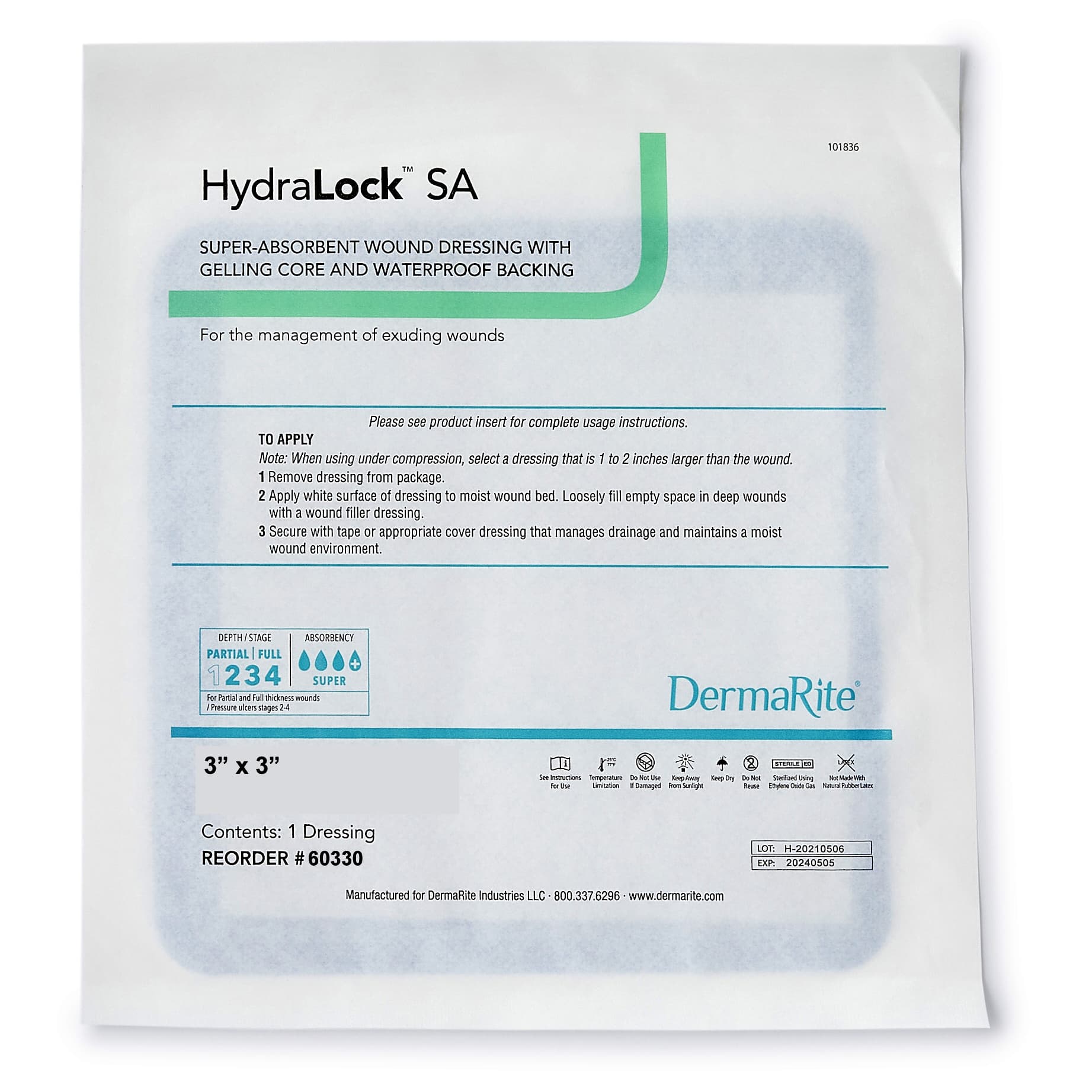 DermaRite HydraLock SA Super Absorbent Wound Dressing, 3 x 3 Inch - Each - Image 1