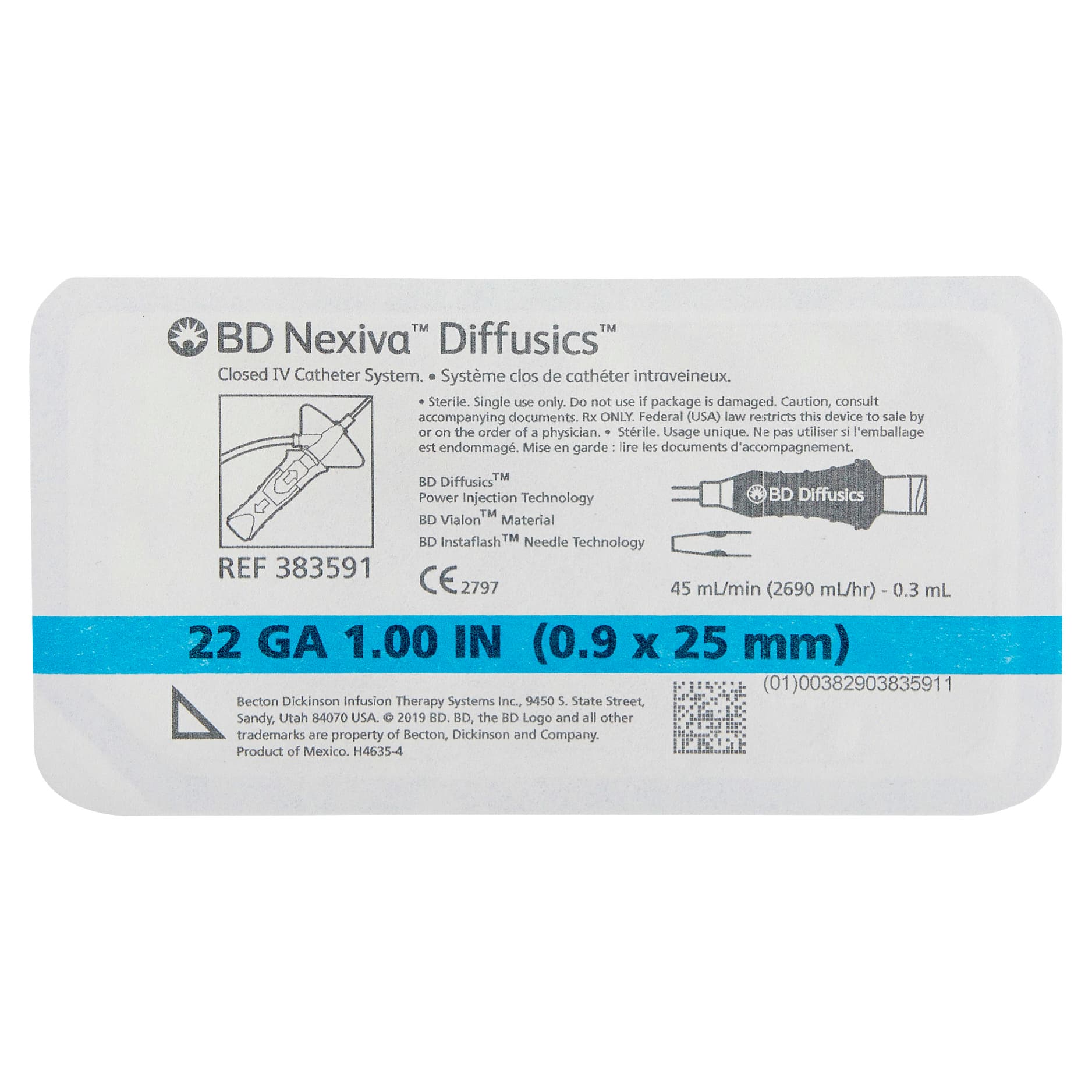 Nexiva Diffusics Closed IV Catheter, 22 Gauge, 1 Inch - Each - Image 1