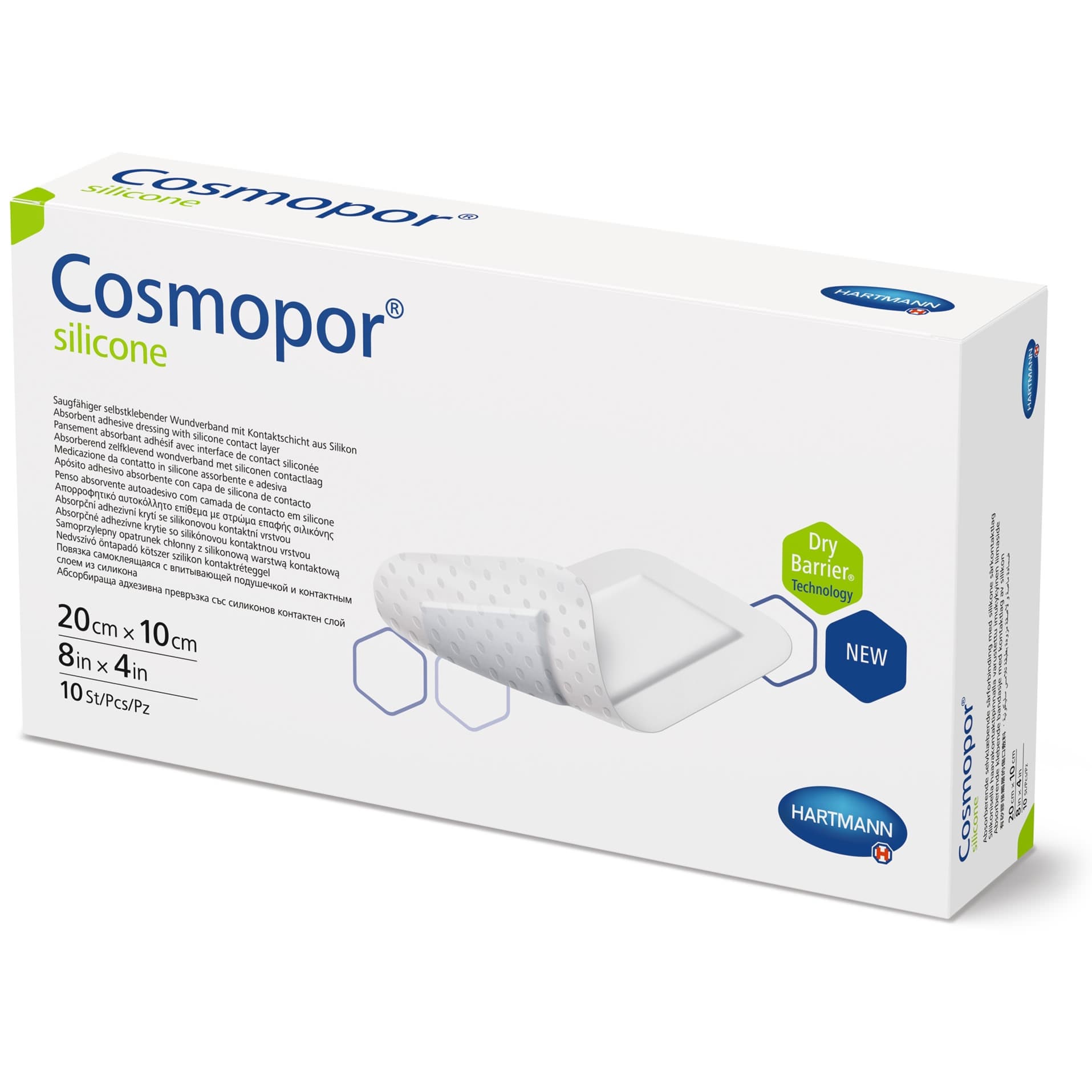 Cosmopor Silicone Dressing White Rectangle Sterile, 4 x 8 Inch, 2.2 x 6.3 Inch Pad - Box of 10 - Image 1