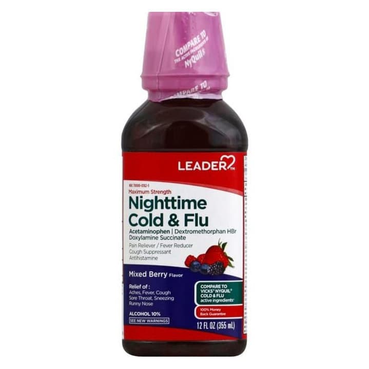 Leader Maximum Strength, Cold & Flu Nighttime Liquid, Cherry, 12 oz - Each - Image 1