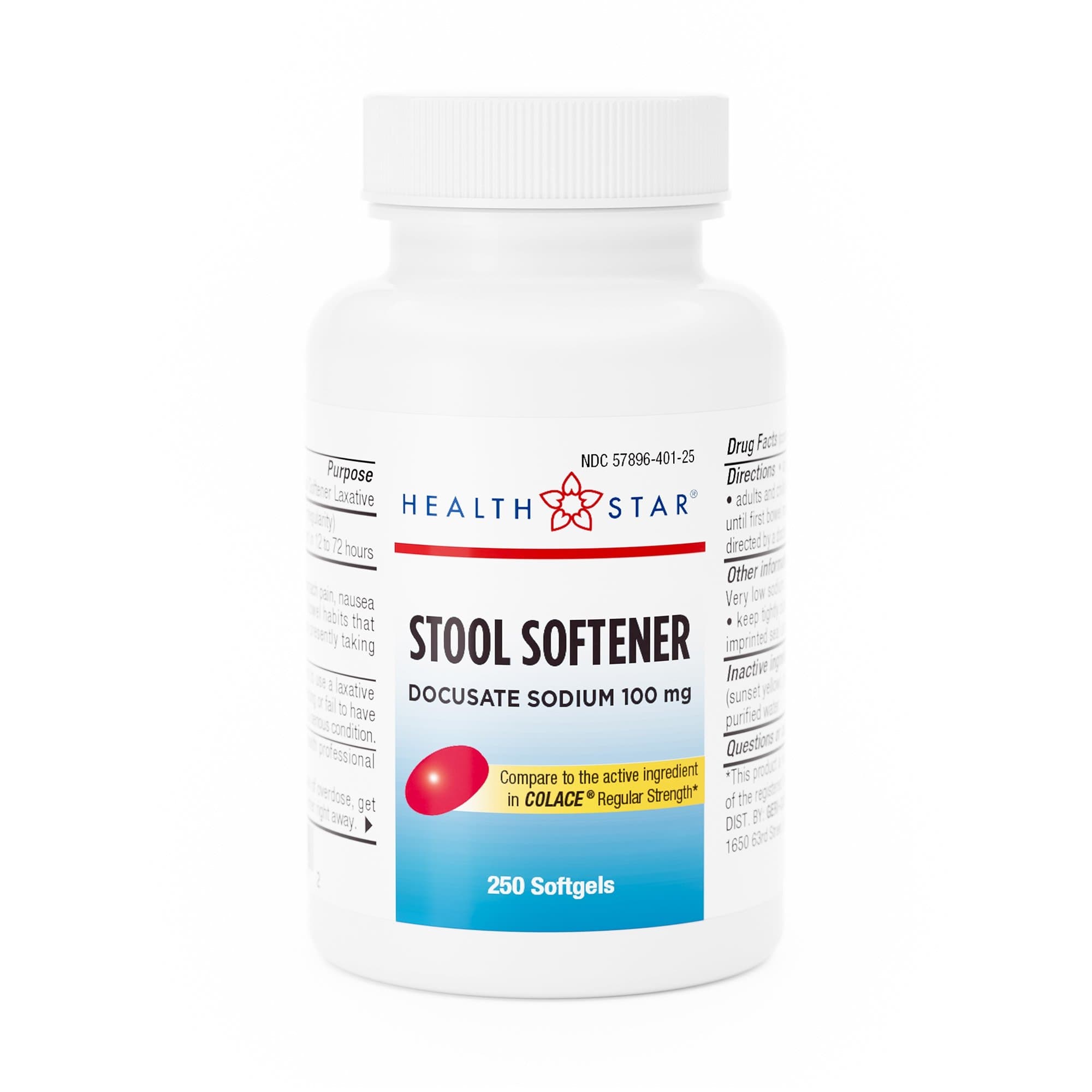 HealthStar Docusate Sodium Stool Softener, 100 mg - Bottle of 250 Softgels - Image 1
