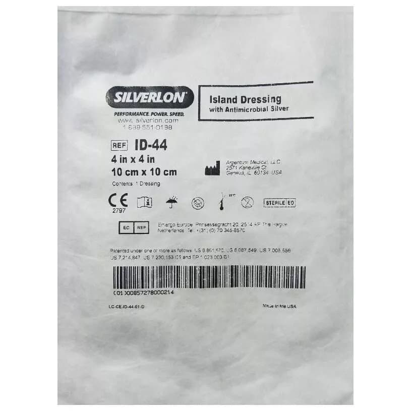 Silverlon Antimicrobial Film Top Island Dressing, 4" x 4", 2 x 2 Inch Pad - Box of 5 - Image 1