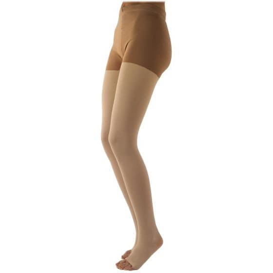 Sigvaris Natural Rubber Open Toe Thigh-High Compression Stockings 30-40mmHg Beige, Large Avg Long - Pair - Image 1