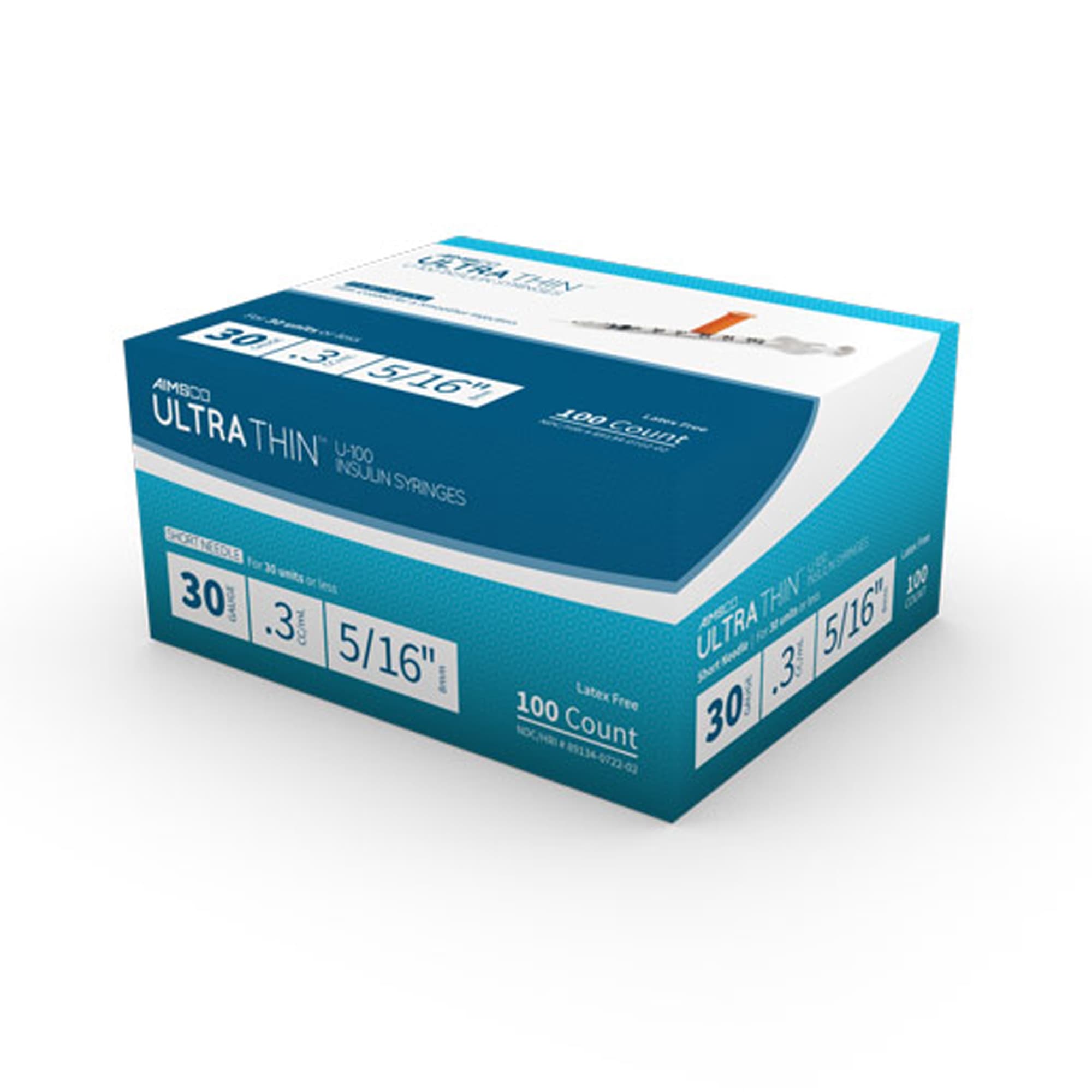 AIMSCO Ultra-Thin Standard U-100 Insulin Syringe with Needle, 30 Gauge, 8 mm, 1 mL - Box of 100 - Image 1