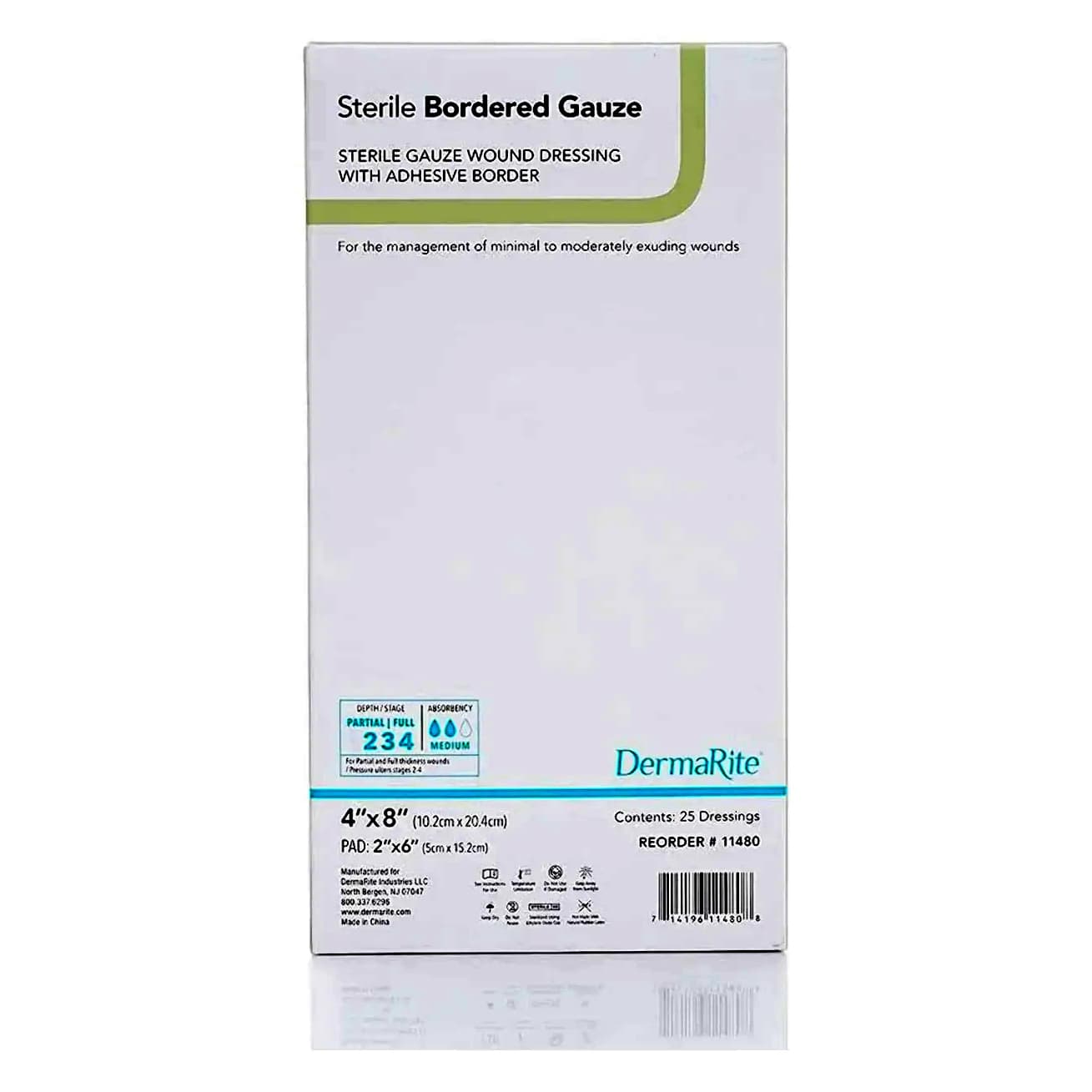 DermaRite Sterile Bordered Gauze Dressing with Adhesive Border, 4 x 8 Inch - Box of 25 - Image 1