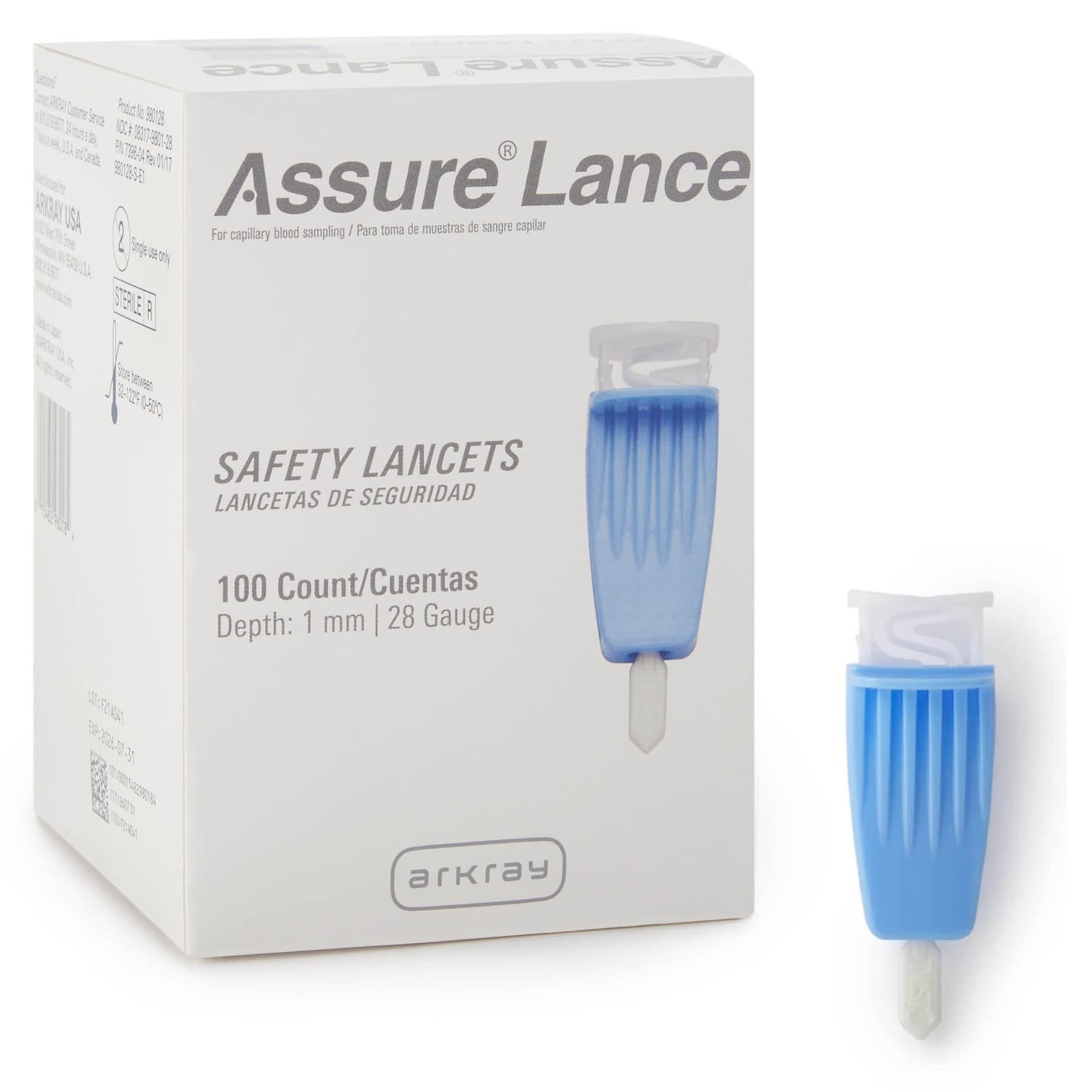 Arkray Assure Lance Micro Flow Safety Lancet, 28 gauze, 1mm Pen Depth - Box of 100 - Image 1