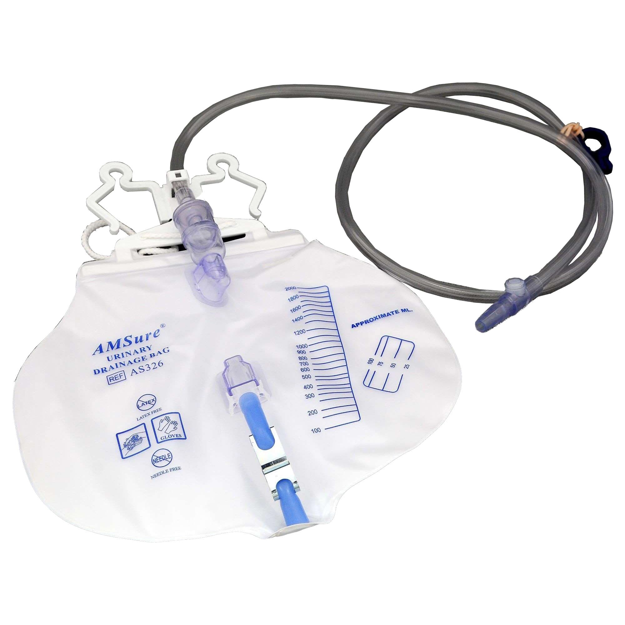 AMSure Urinary Drain Bag with Universal Double Hook - Case of 20 - Image 1