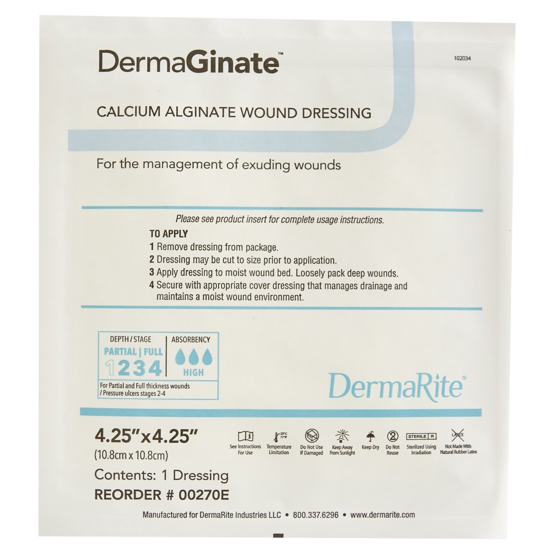 DermaGinate Calcium Alginate Wound Dressing, 4.25 x 4.25 Inch - Each - Image 1