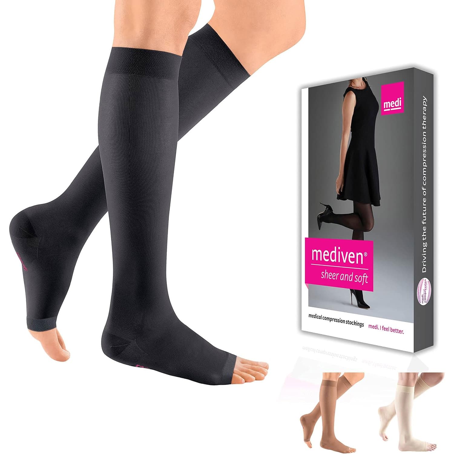 Mediven Sheer & Soft Standard Calf High Compression Stockings, 30-40mmHg, Open Toe, Size III, Ebony - Pair - Image 1
