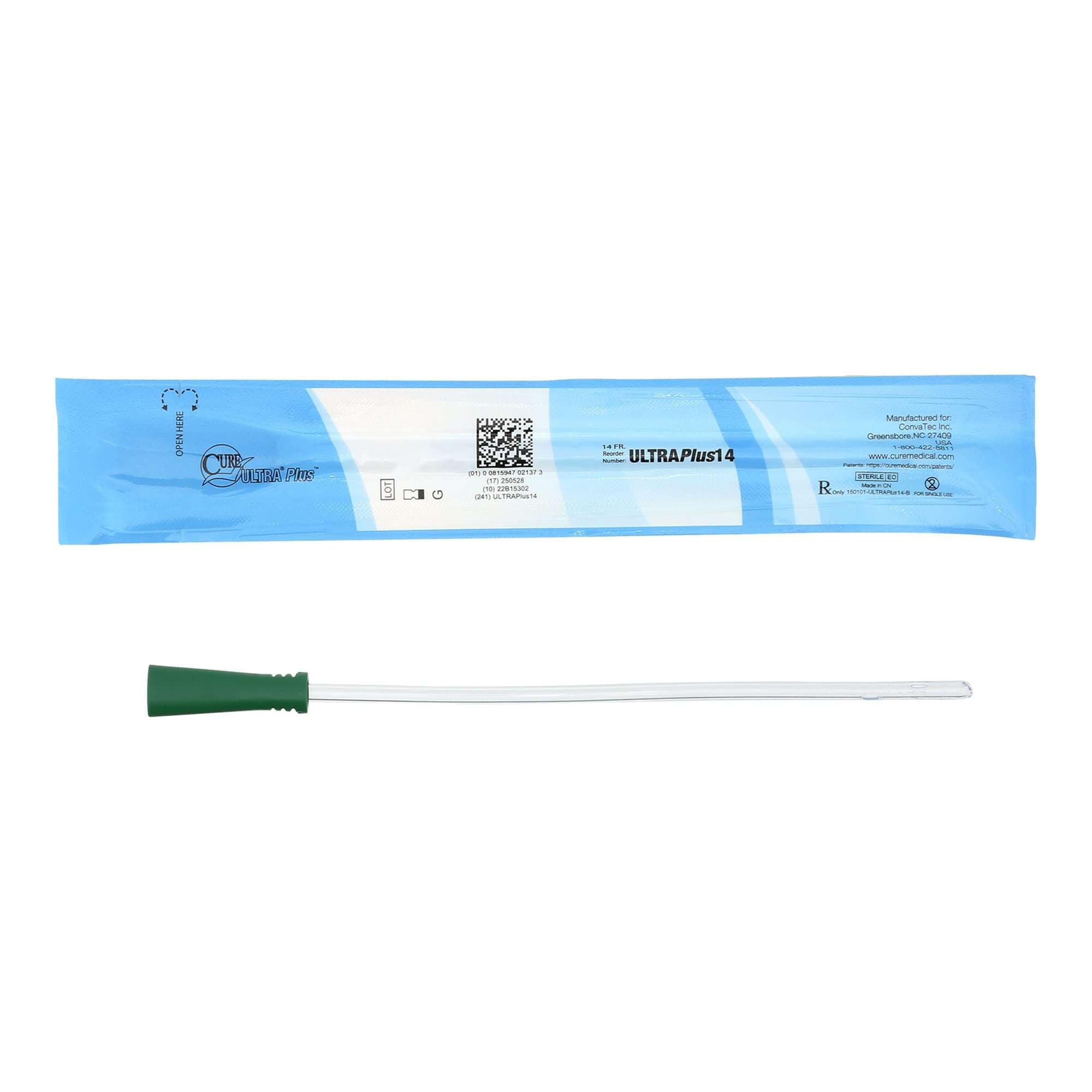 Cure Ultra Plus Urethral Catheter, Green, 14 Fr - Each - Image 1