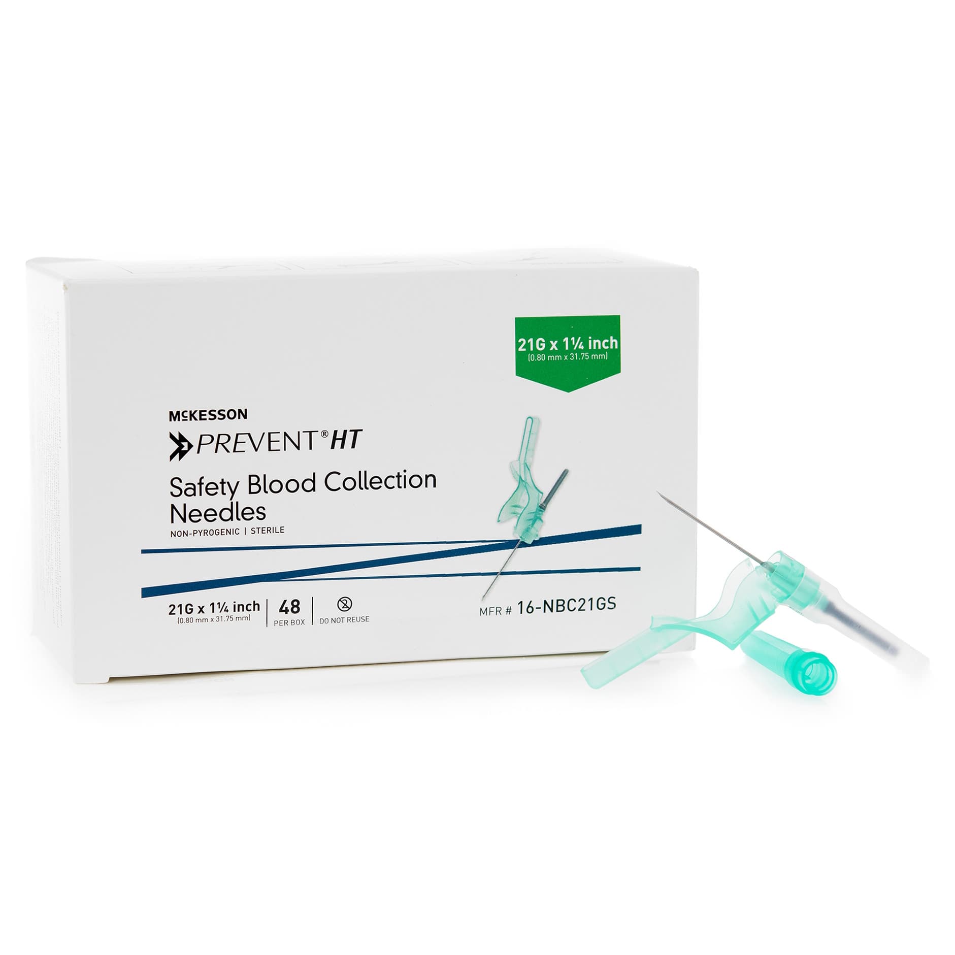 McKesson Prevent HT Blood Collection Needle, Green, 21 Gauge - Box of 48 - Image 1