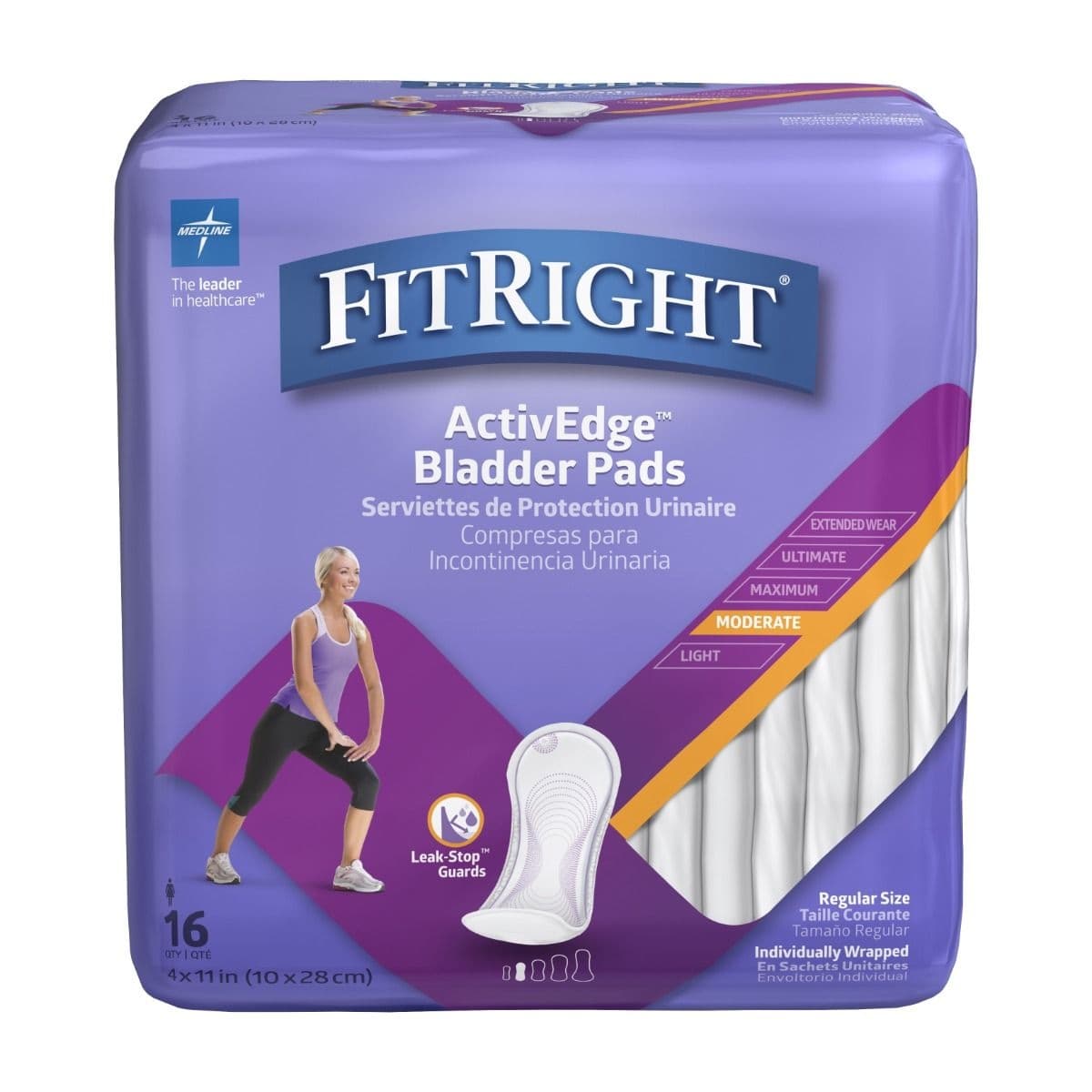 FitRight ActivEdge Women's Bladder Control Pads, Regular, Moderate Absorbency - Bag of 16 - Image 1