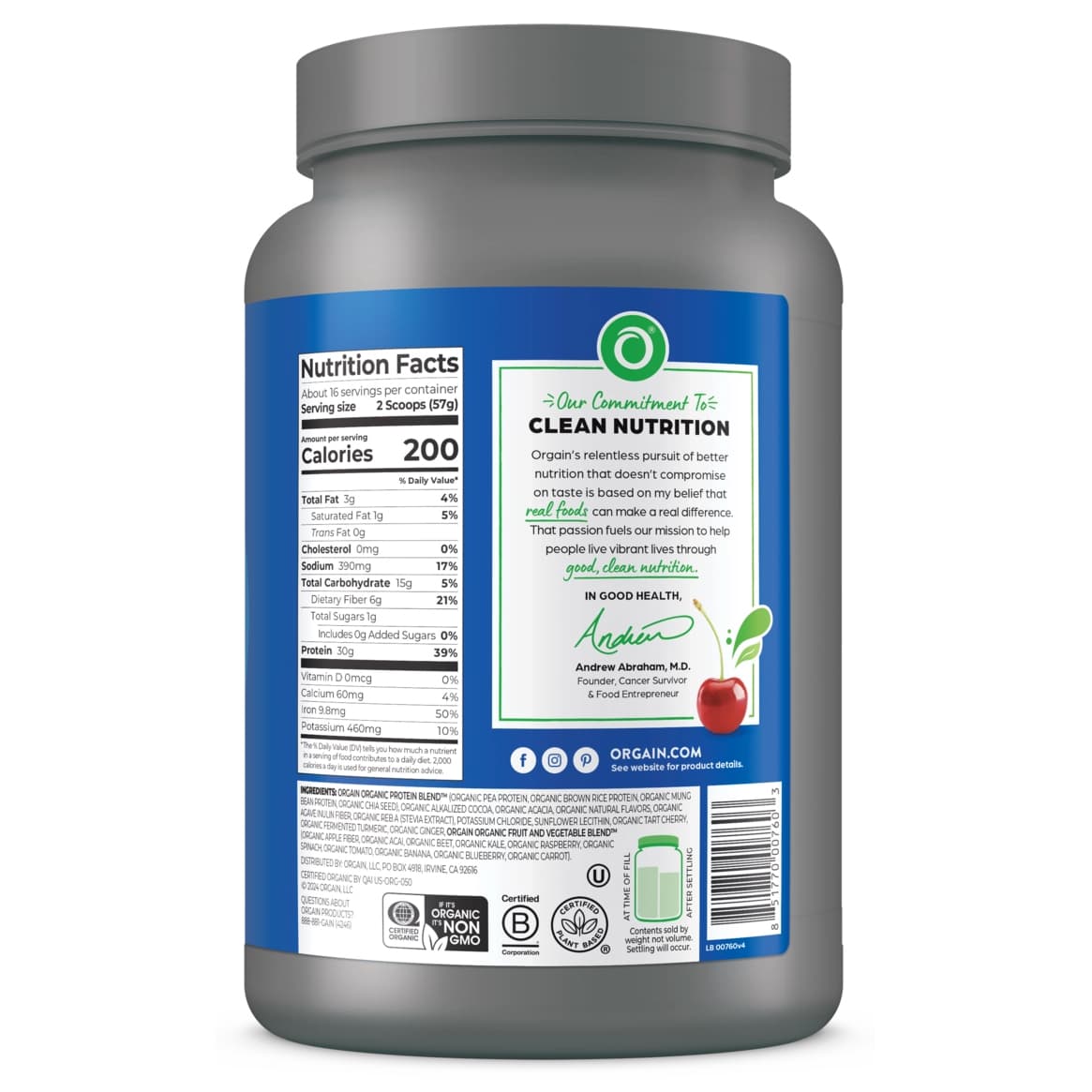 Orgain Organic 30g Plant Protein Powder, Chocolate, 32.1 oz - Image 2
