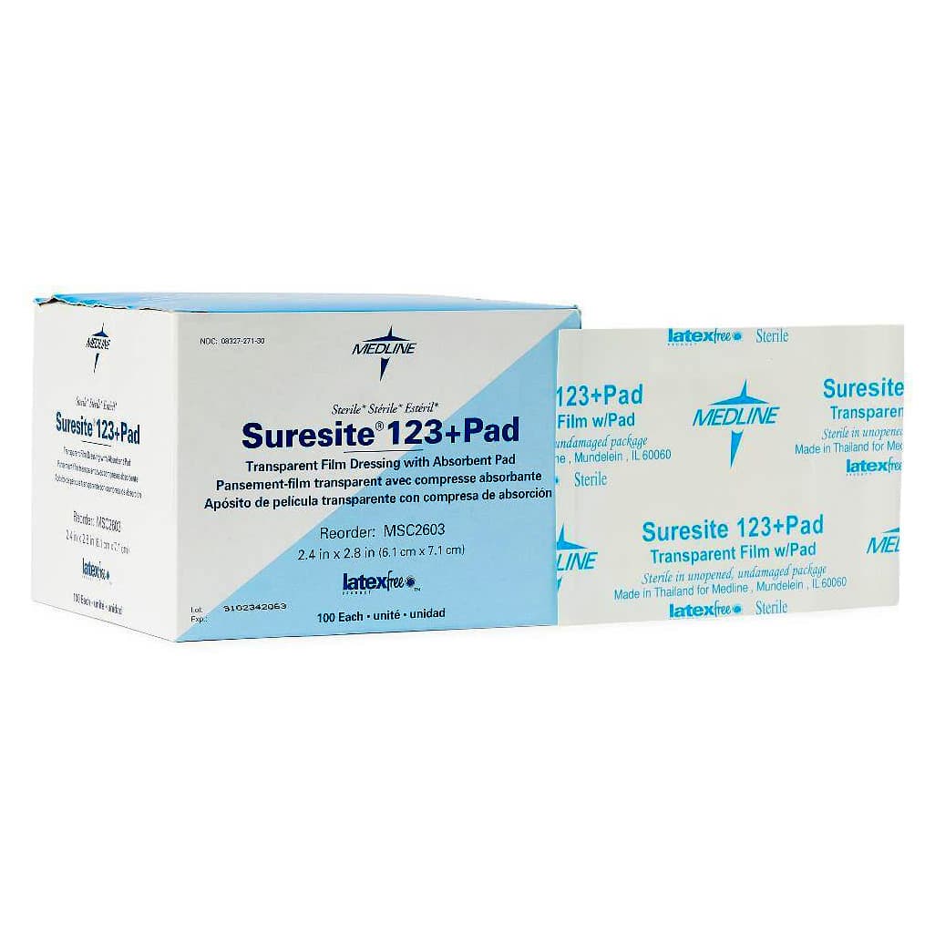 Suresite 123+ Pad Transparent Film Dressing, 2.4 x 2.8 Inch - Box of 100 - Image 1