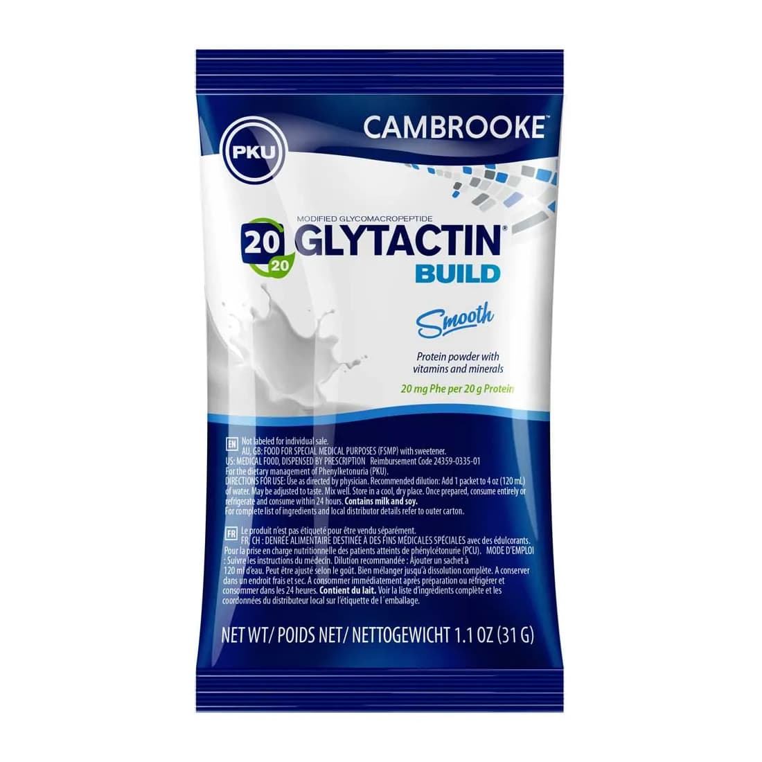 Glytactin Build 20-20 GMP-Based PKU Powdered Formula, Smooth, 1.1 oz - Case of 30 - Image 1