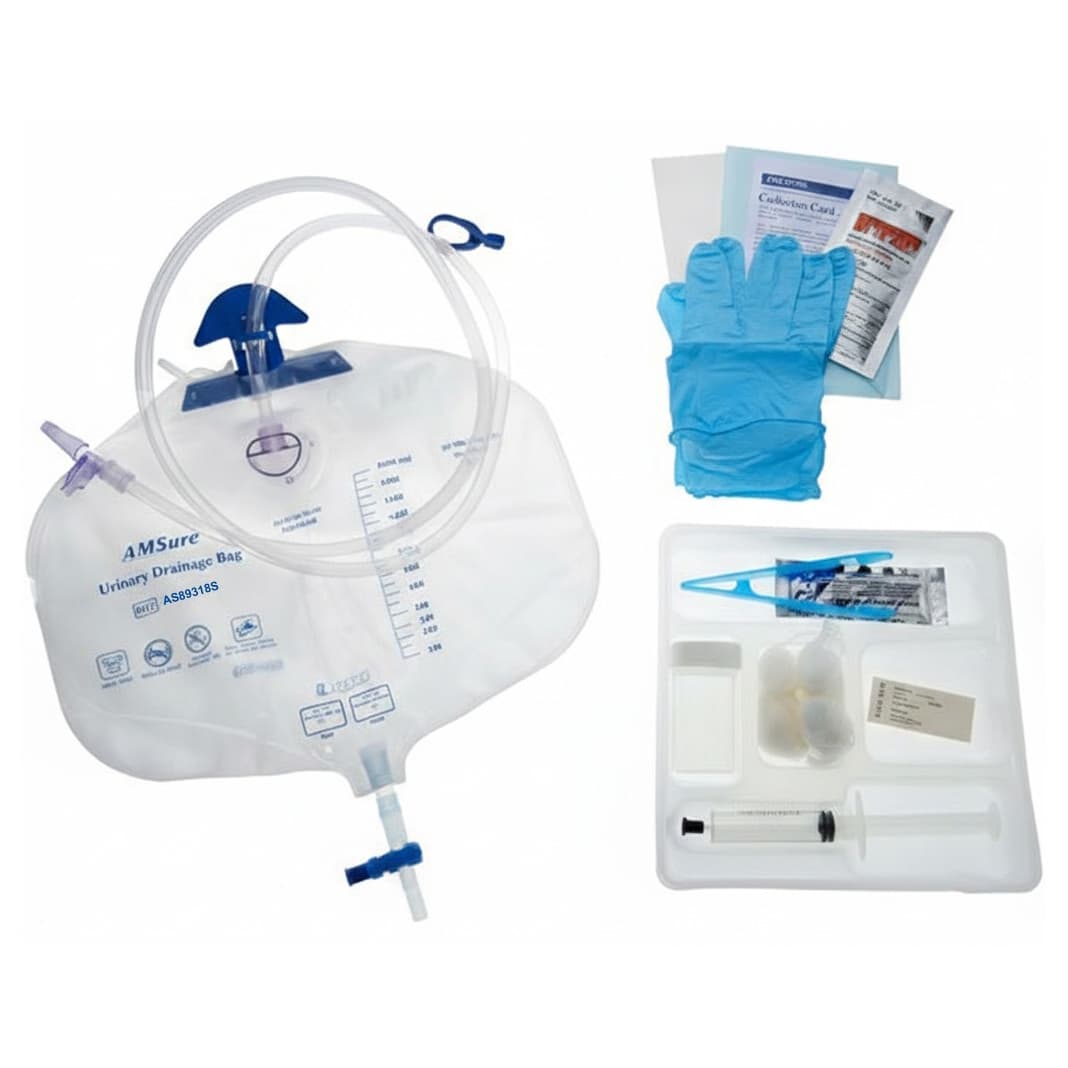 AMSure Foley Catheter Tray, 2000 ml Low Profile Drainage Bag, 18 Fr, Without Latex - Box of 10 - Image 1