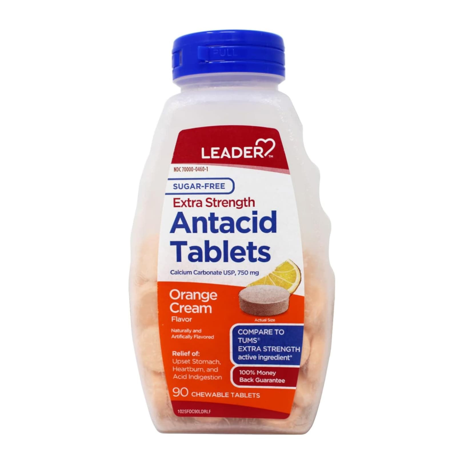 Leader Extra Strength Antacid, Chewable Tablets, Orange Cream, Sugar Free, 750 mg, 90 Count - Each
