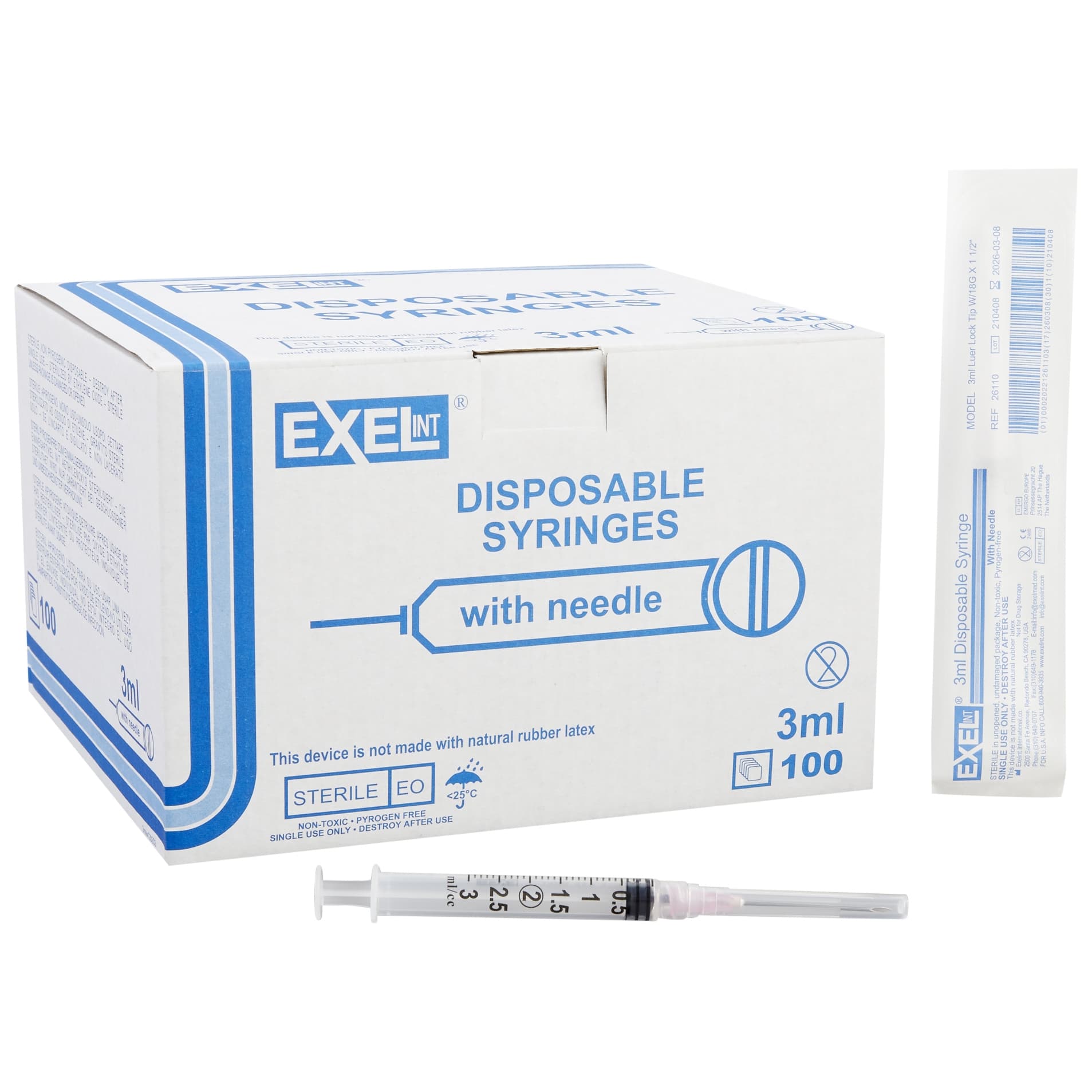 ExelInt Standard Hypodermic Syringe with Detachable Needle, Pink, 18 Gauge, 1-1/2 Inch, 3 mL - Case of 1000 - Image 1