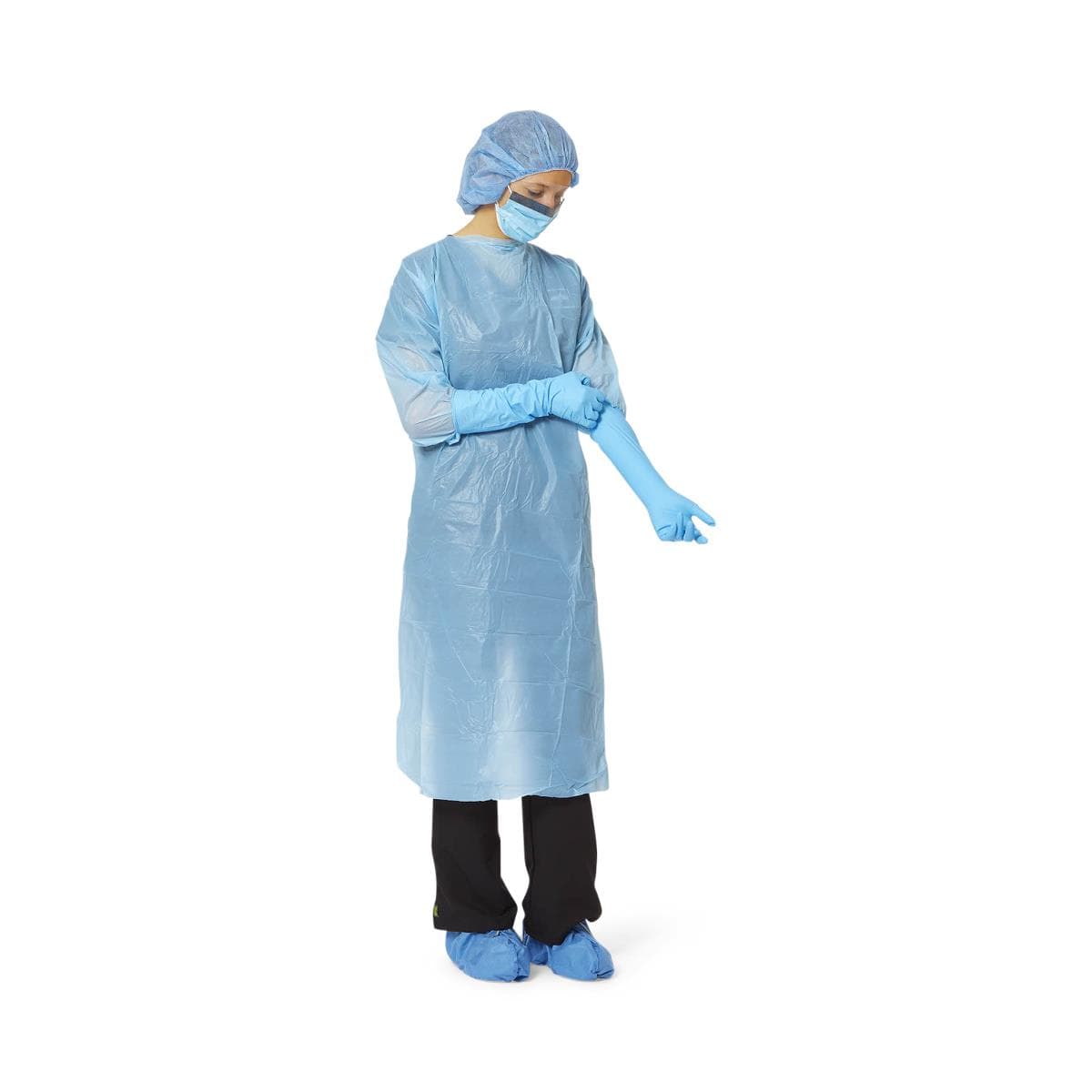 Medline Polyethylene Gowns with Thumb Loop, Blue, Size Regular - Box of 15 - Image 1