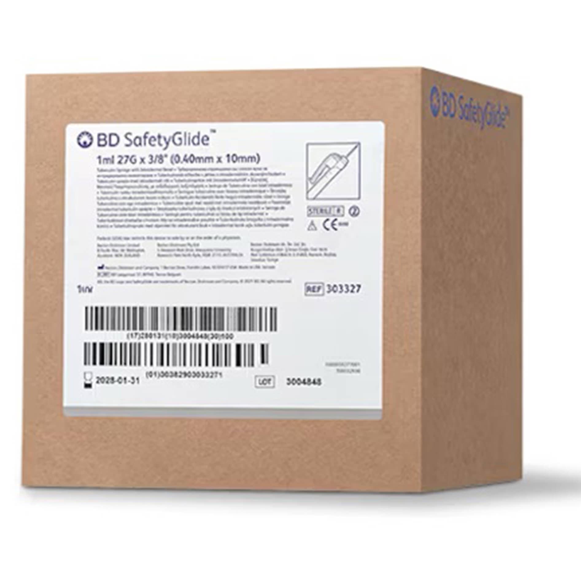 BD SafetyGlide Safety Tuberculin Syringe with Needle, 1 mL, 27G, 3/8 Inch - Box of 100