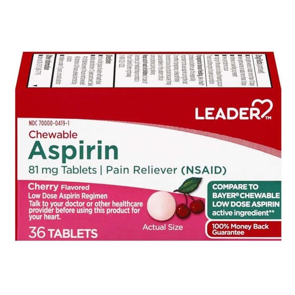 Leader Aspirin, 81Mg Chewable Tablets, Cherry - Pack of 36