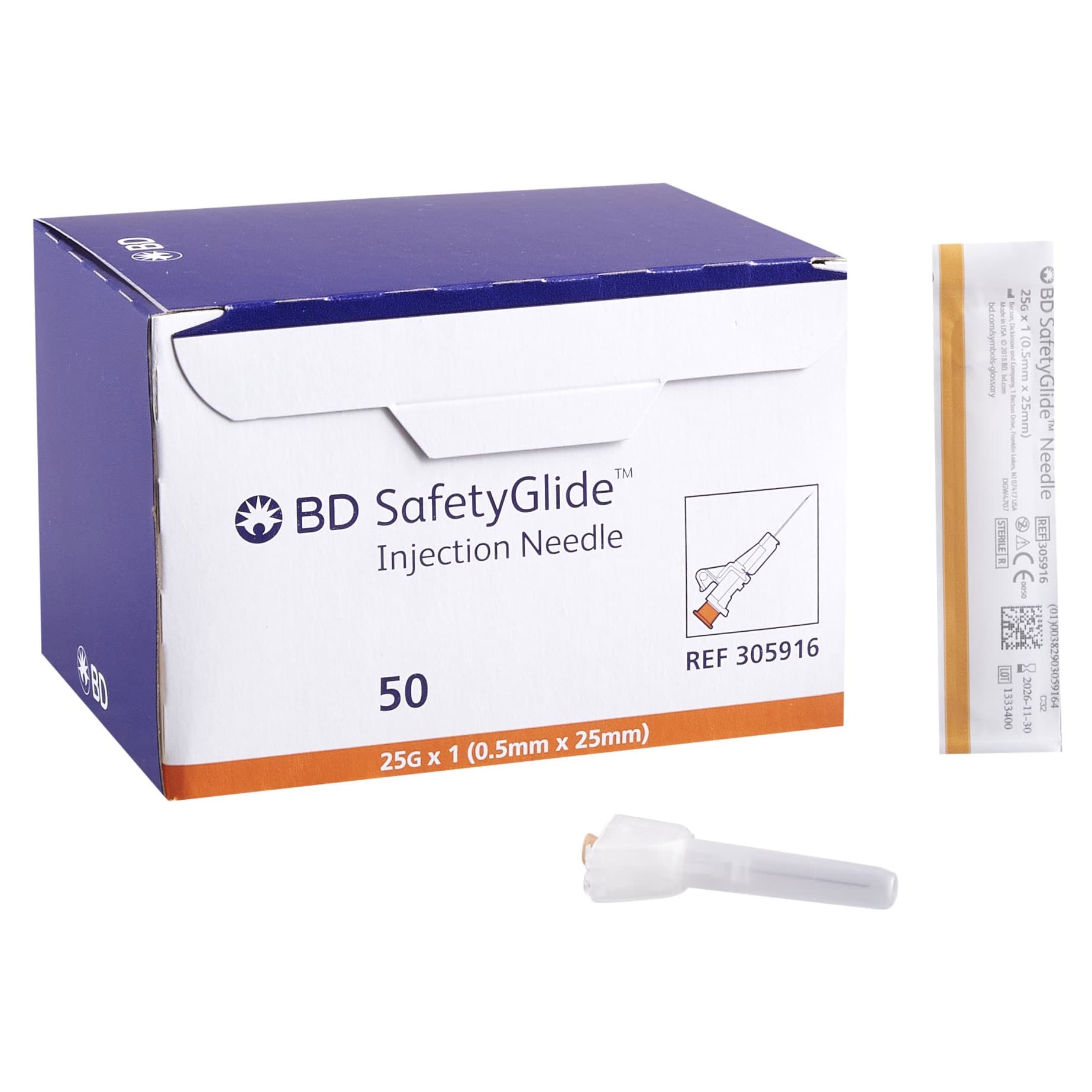 BD SafetyGlide Hypodermic Needle, 25 Gauge, 1 Inch - Box of 50 - Image 1