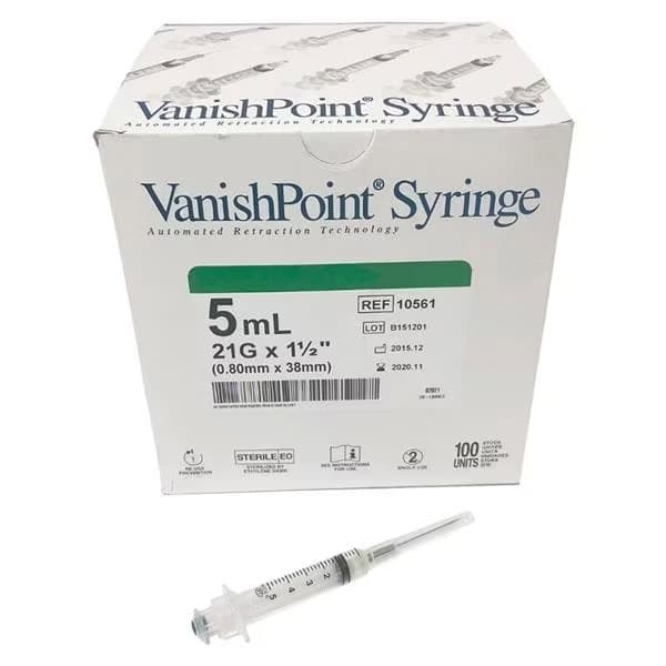 Retractable Vanishpoint Safety Syringe with Hypodermic Needle, 5ml, 22G x 1-1/2" - Case of 600 - Image 1