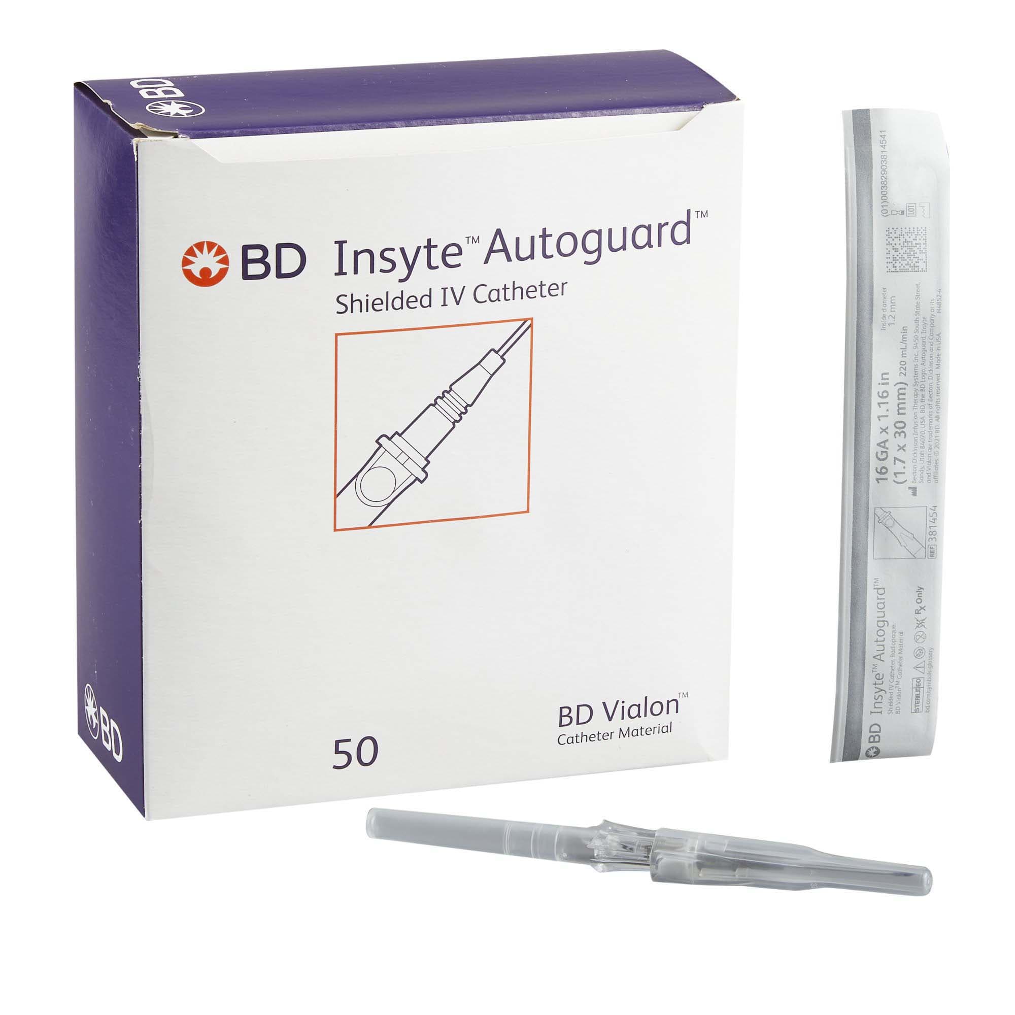 BD Insyte Autoguard Vialon Shielded Peripheral IV Catheter, 16 Gauge, 1.16 Inch - Case of 200 - Image 1