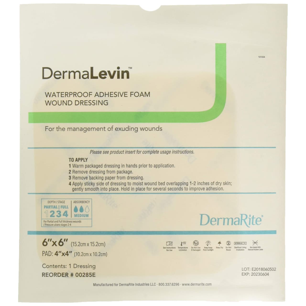 DermaLevin Waterproof Adhesive Foam Island Dressing, 6 x 6 Inch - Each - Image 1