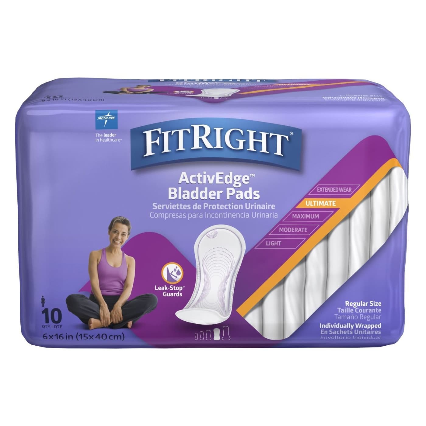 FitRight ActivEdge Women's Bladder Control Pads, Regular, Ultimate Absorbency - Bag of 10 - Image 1