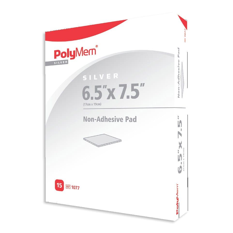 Polymem Silver Non-Adhesive Foam Pad Dressing, 6.5 x 7.5 Inch - Box of 15 - Image 1