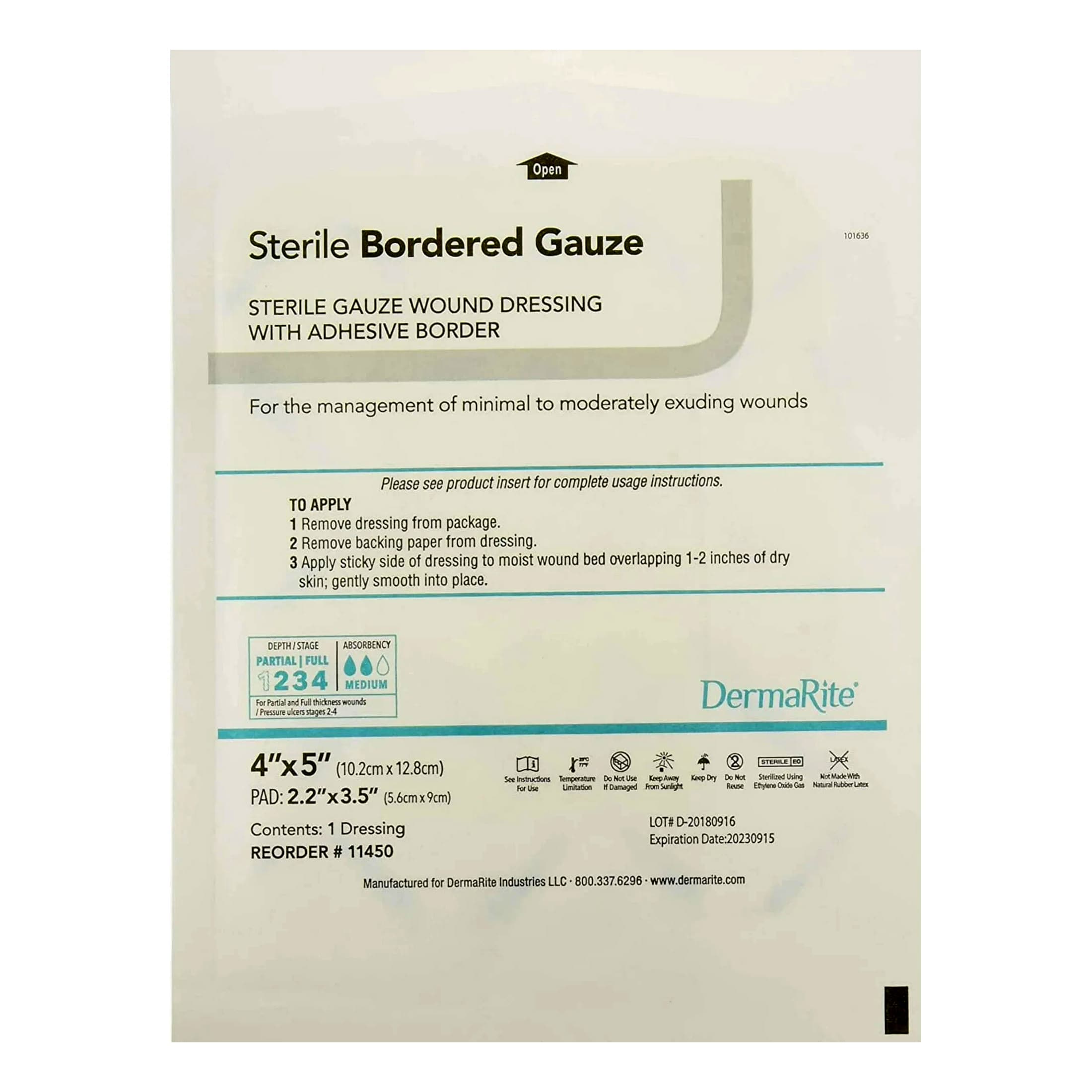 DermaRite Sterile Bordered Gauze Dressing with Adhesive Border, 4 x 5 Inch - Each - Image 1