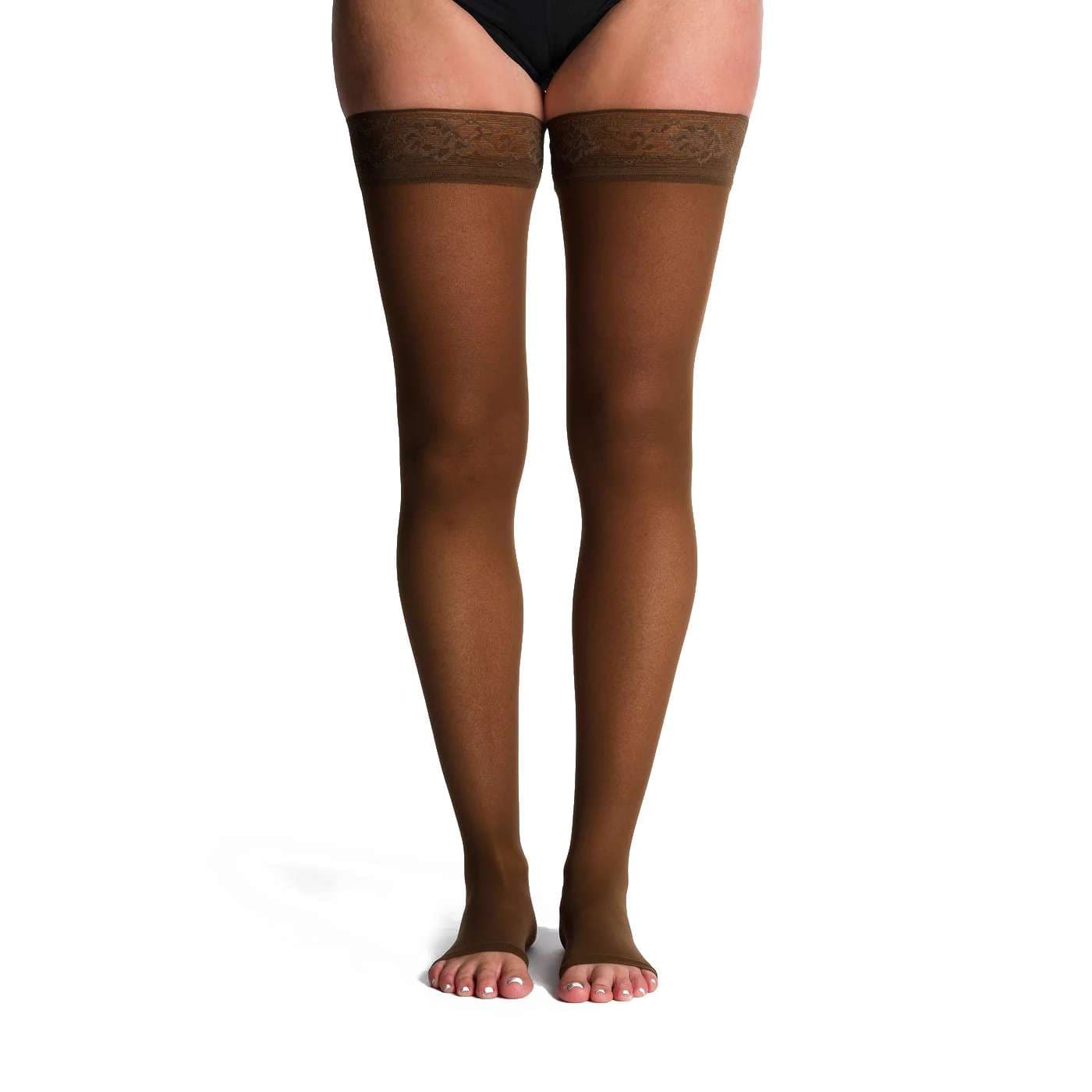 Sigvaris Style Sheer Thigh High with Grip-Top Compression Stocking 15-20 mmHg, Open Toe, Small-Long, Mocha - Pair - Image 1